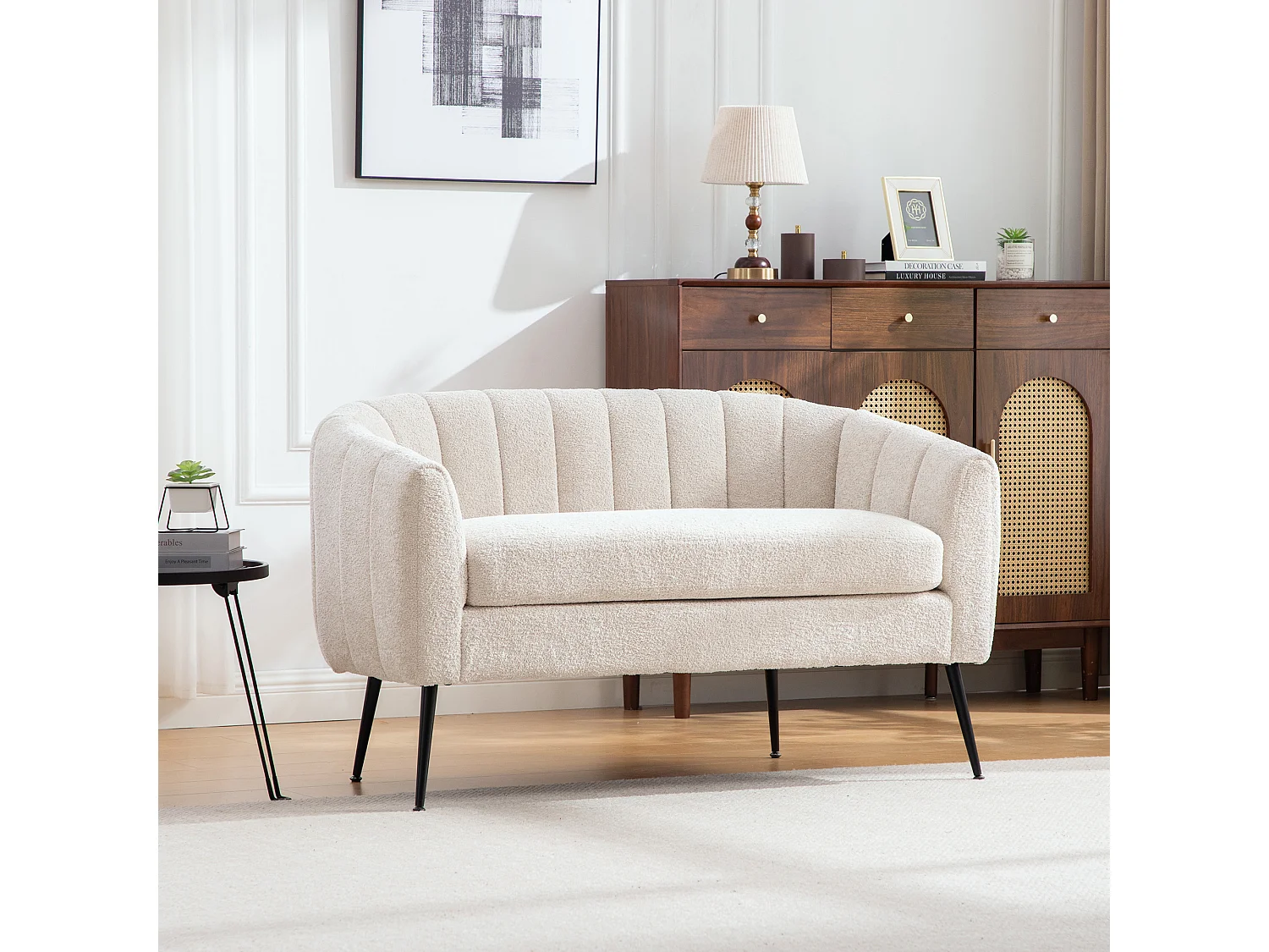 Canapé 2 places petite en tissu chenille beige - Pieds métal