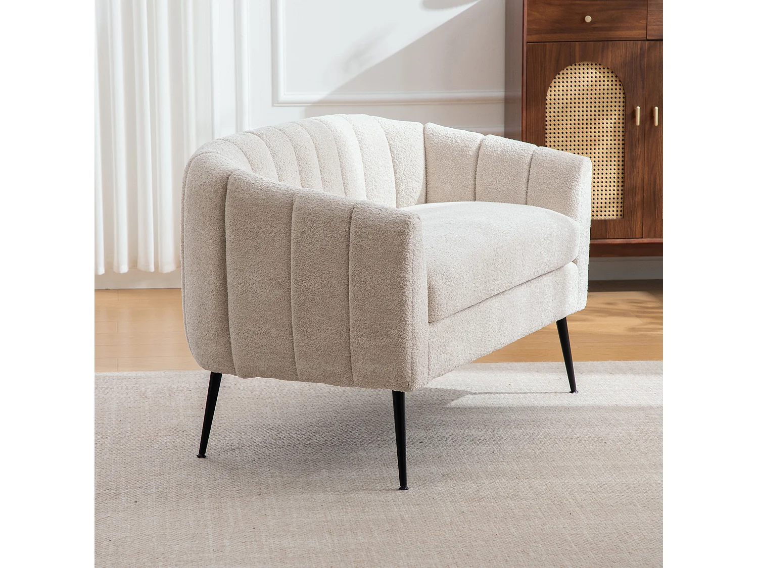 Canapé 2 places petite en tissu chenille beige - Pieds métal