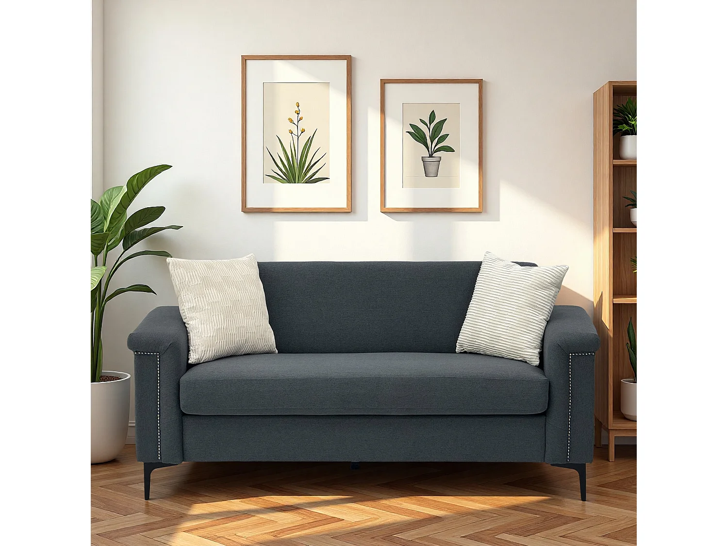 Canapé 2 places en lin gris foncé - Structure en bois et pieds métal