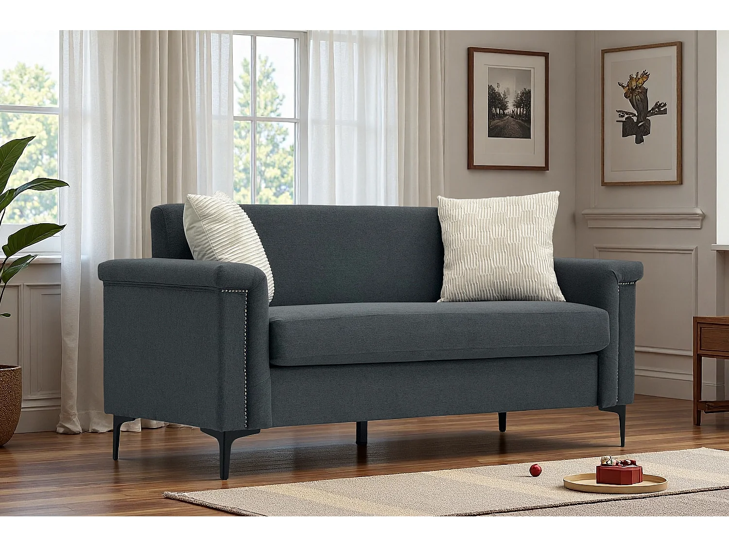 Canapé 2 places en lin gris foncé - Structure en bois et pieds métal