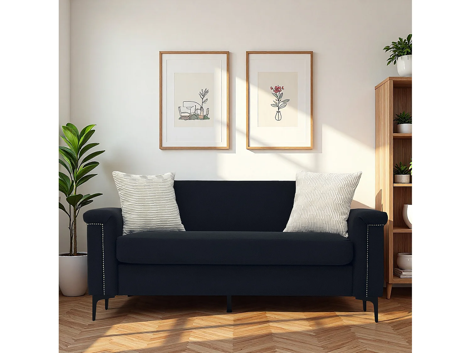 Canapé 2 places en lin noir - Structure en bois et pieds métal