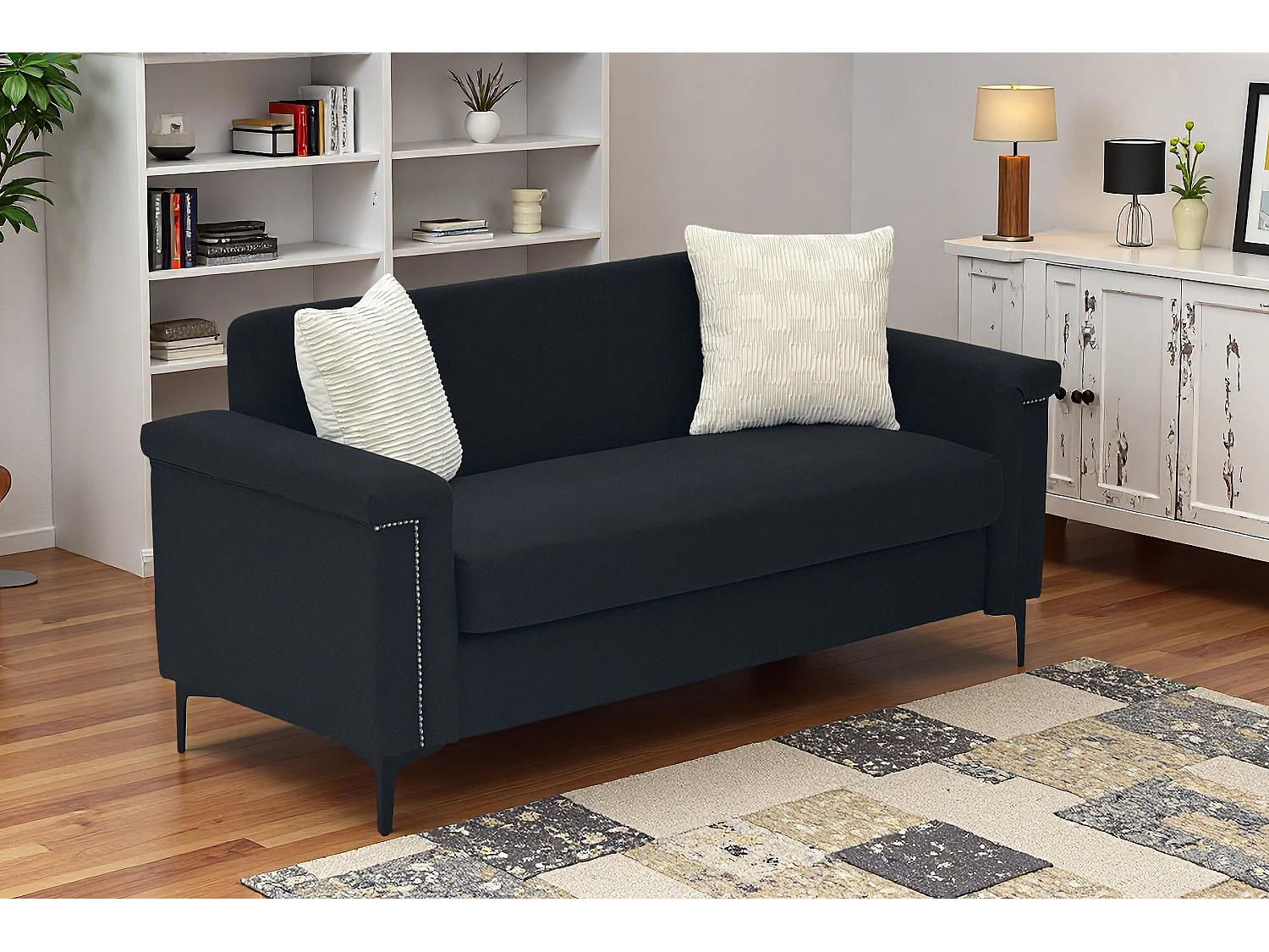 Canapé 2 places en lin noir - Structure en bois et pieds métal