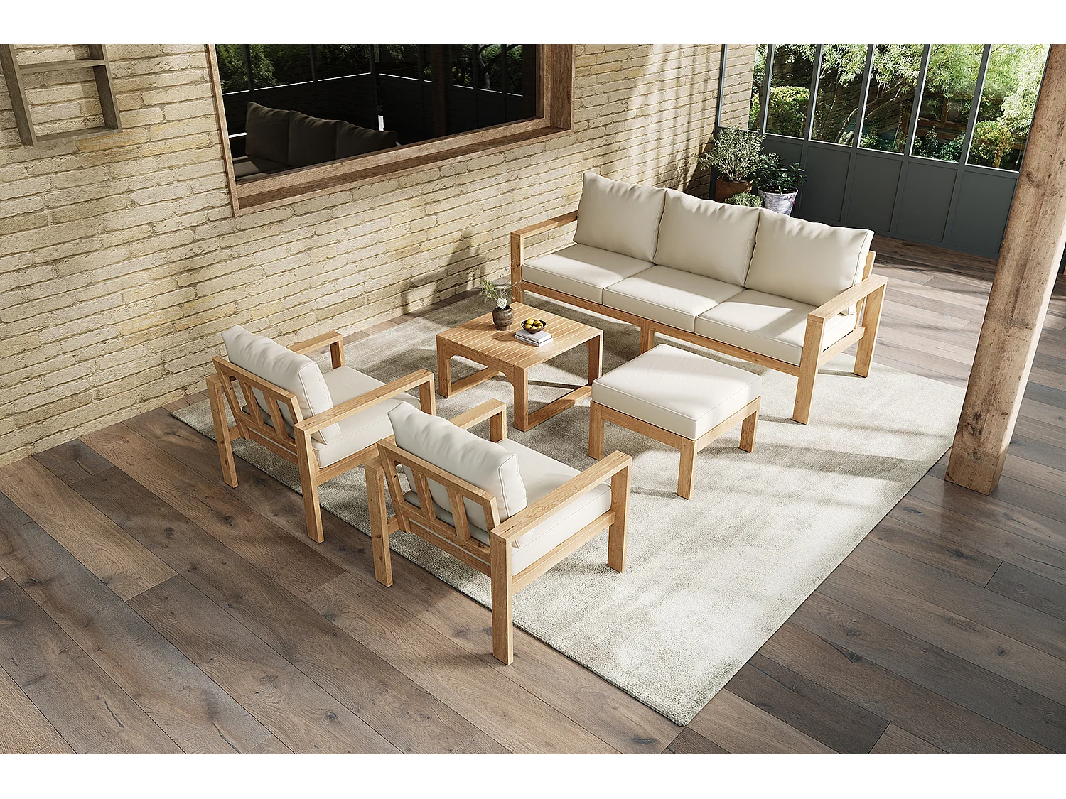 Tuinset: 3-zitsbank + 2 fauteuils + 1 poef + 1 salontafel - Frame van acaciahout - Houtkleur en crèmekleur