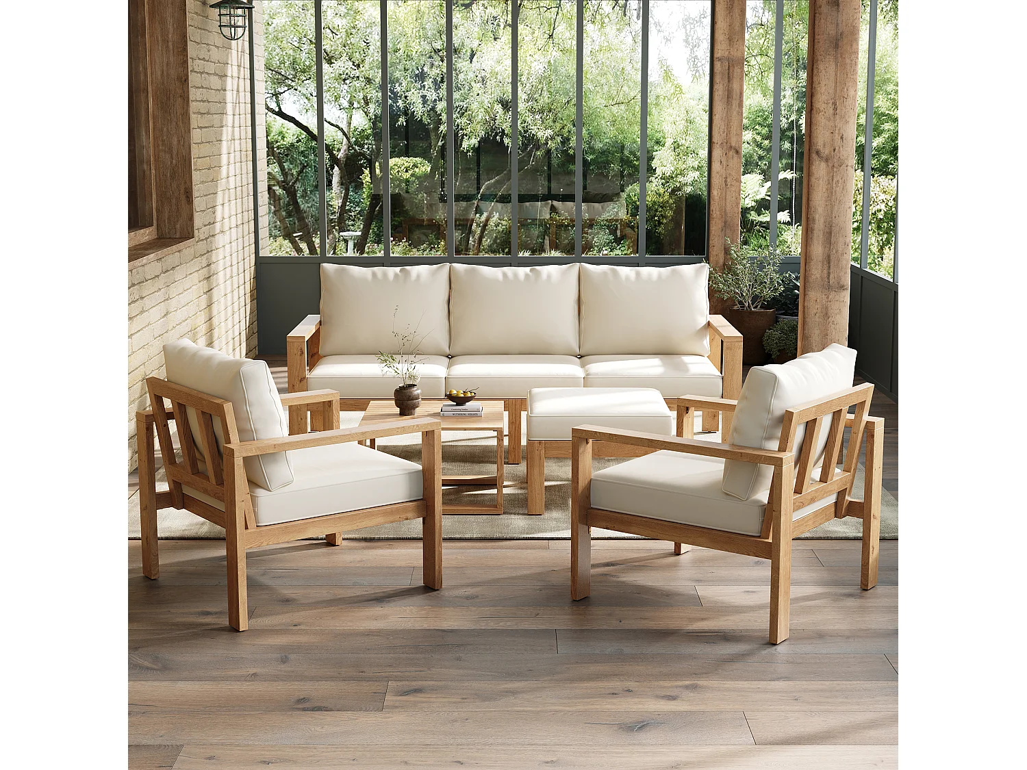 Tuinset: 3-zitsbank + 2 fauteuils + 1 poef + 1 salontafel - Frame van acaciahout - Houtkleur en crèmekleur