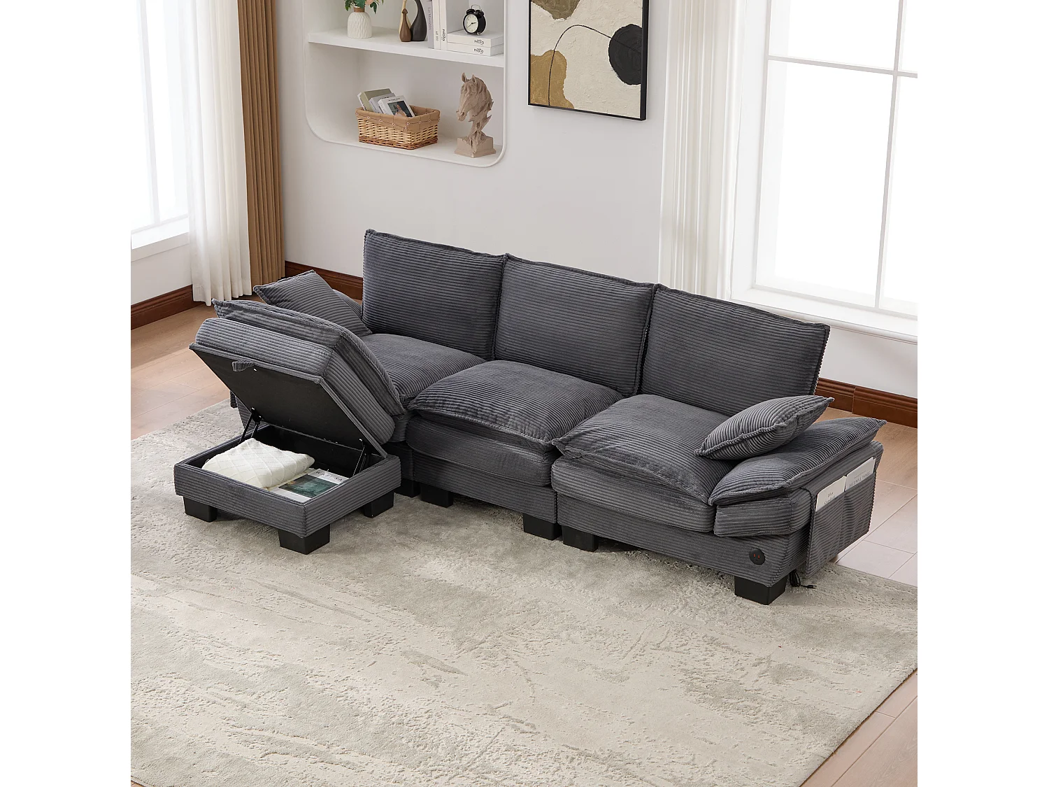 Canapé d'angle 3 places modulable avec pouf, USB-C et poches latérales - Velours côtelé gris foncé