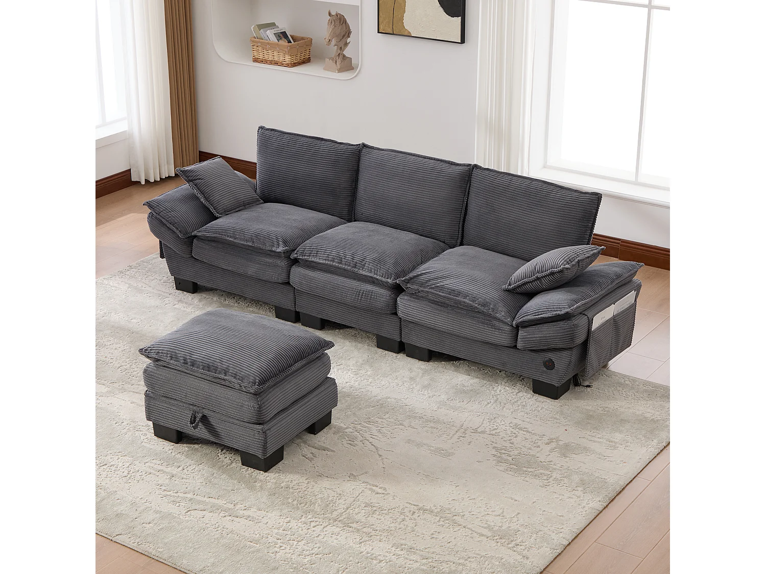 Canapé d'angle 3 places modulable avec pouf, USB-C et poches latérales - Velours côtelé gris foncé