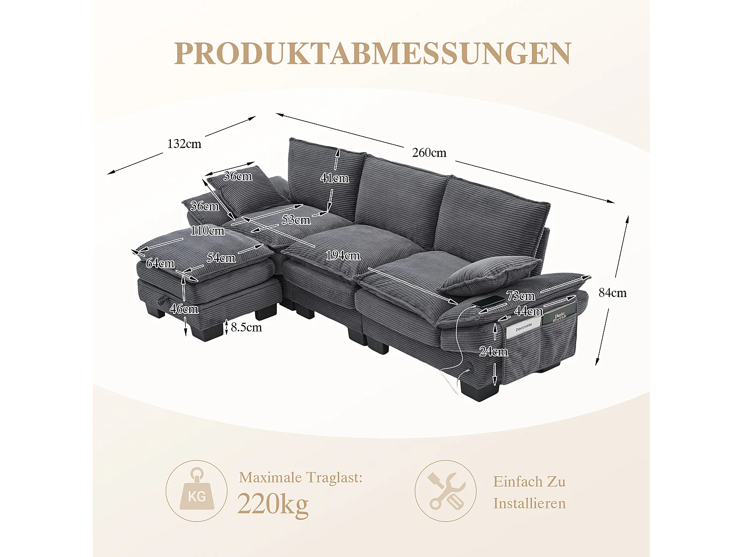 Canapé d'angle 3 places modulable avec pouf, USB-C et poches latérales - Velours côtelé gris foncé