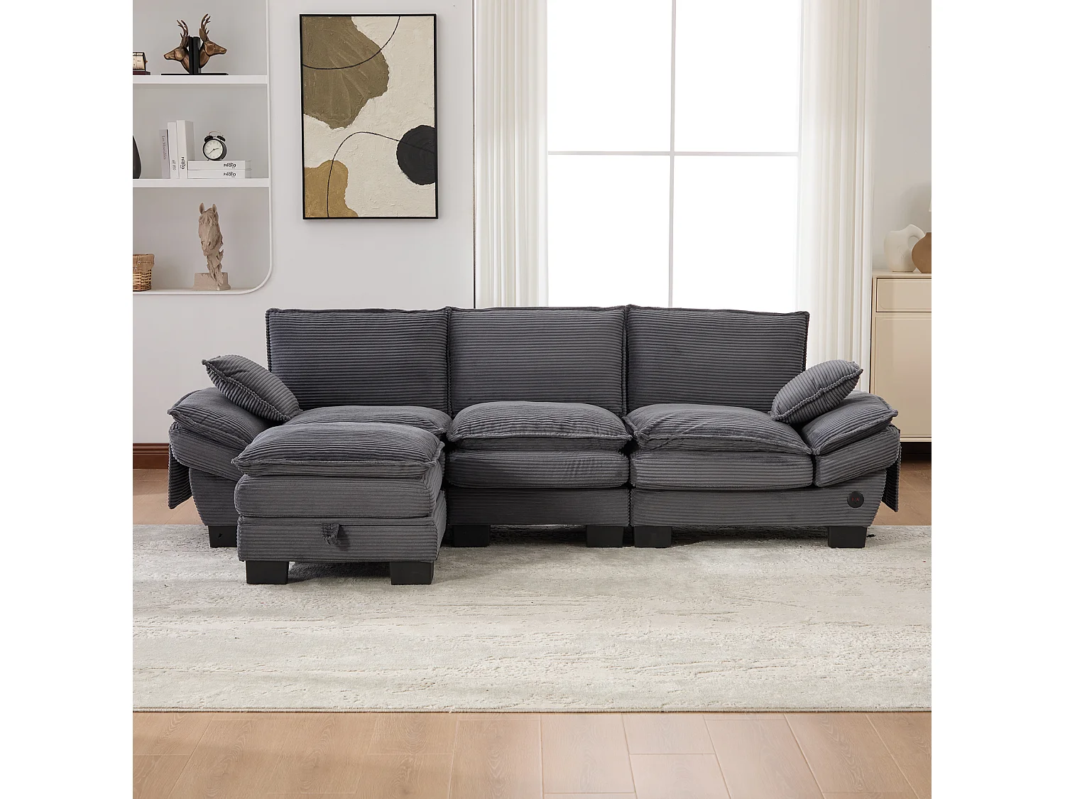 Canapé d'angle 3 places modulable avec pouf, USB-C et poches latérales - Velours côtelé gris foncé