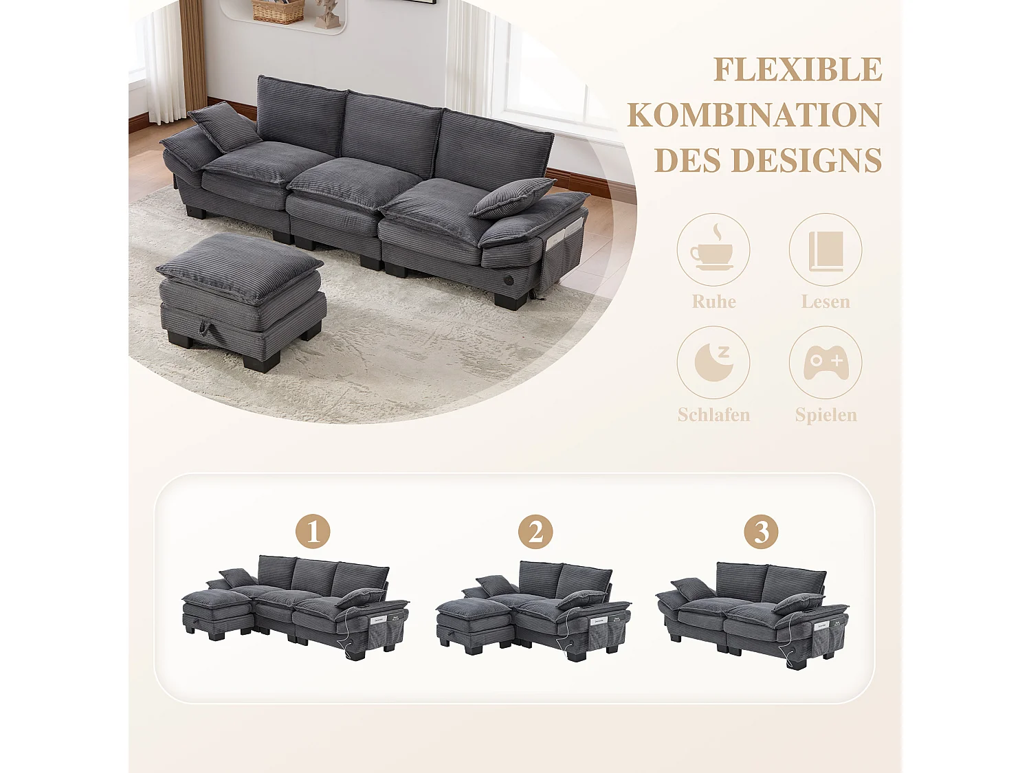 Canapé d'angle 3 places modulable avec pouf, USB-C et poches latérales - Velours côtelé gris foncé