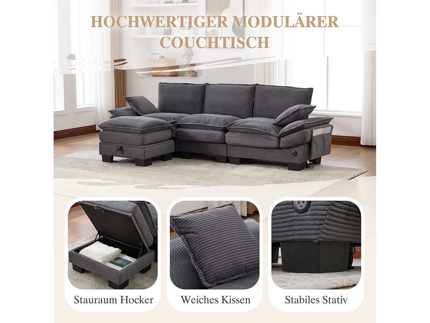 Canapé d'angle 3 places modulable avec pouf, USB-C et poches latérales - Velours côtelé gris foncé