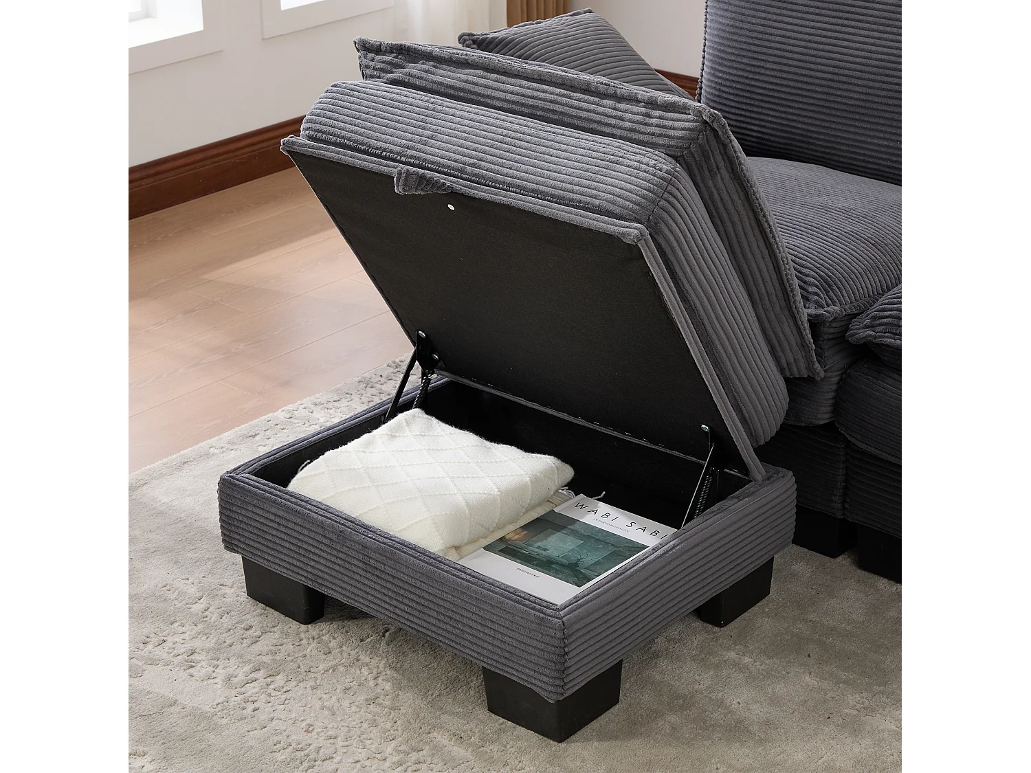 Canapé d'angle 3 places modulable avec pouf, USB-C et poches latérales - Velours côtelé gris foncé