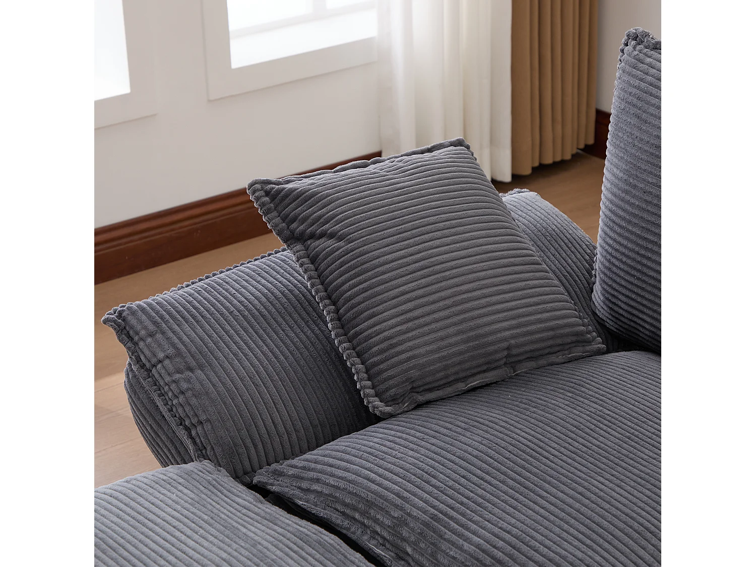 Canapé d'angle 3 places modulable avec pouf, USB-C et poches latérales - Velours côtelé gris foncé