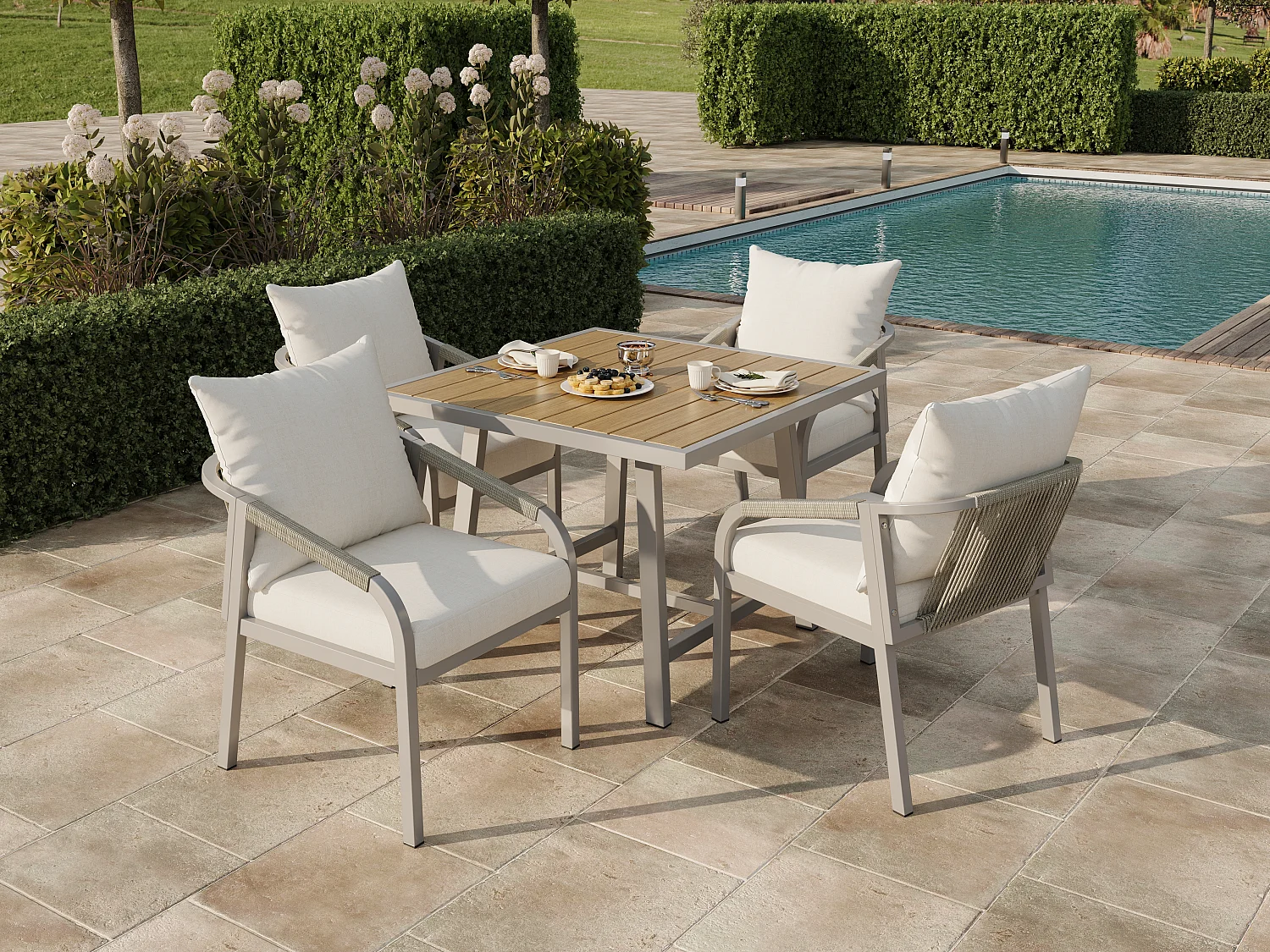 Salon de jardin 1 table + 4 chaises en acier - Plateau WPC kaki
