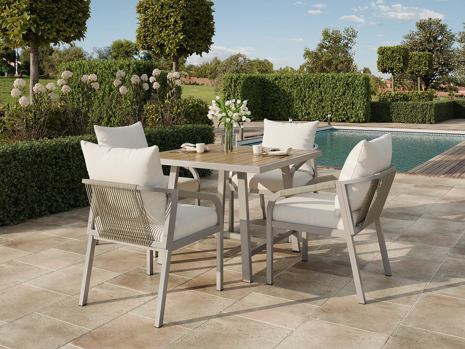 Salon de jardin 1 table + 4 chaises en acier - Plateau WPC kaki