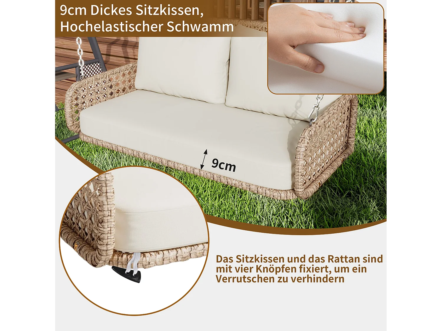 Balancelle de jardin 2 place en rotin PE avec coussins et 2 chaînes 240 cm - Beige