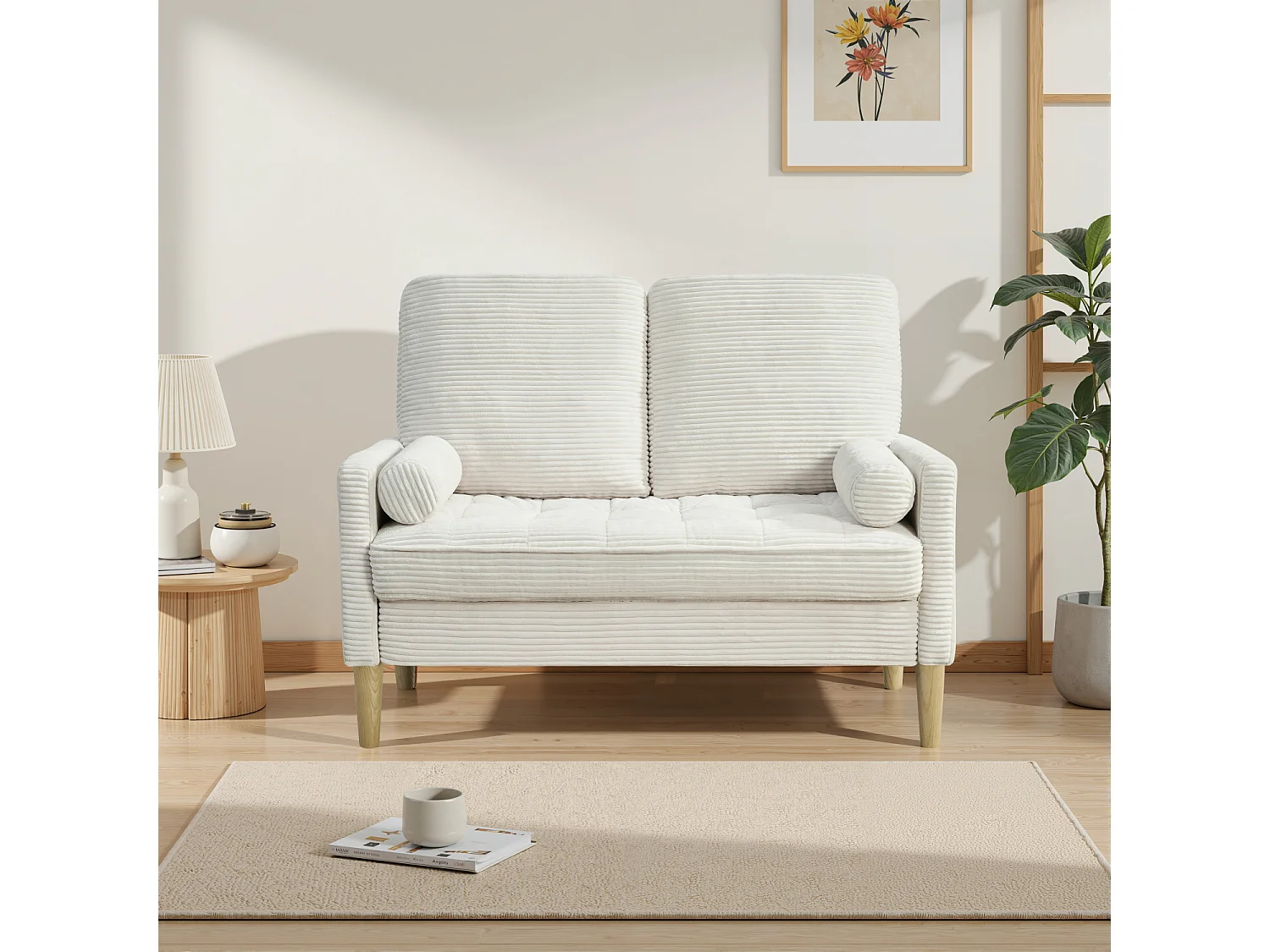 Canapé 2 places petite 121 cm en velours côtelé beige - Pieds en bois