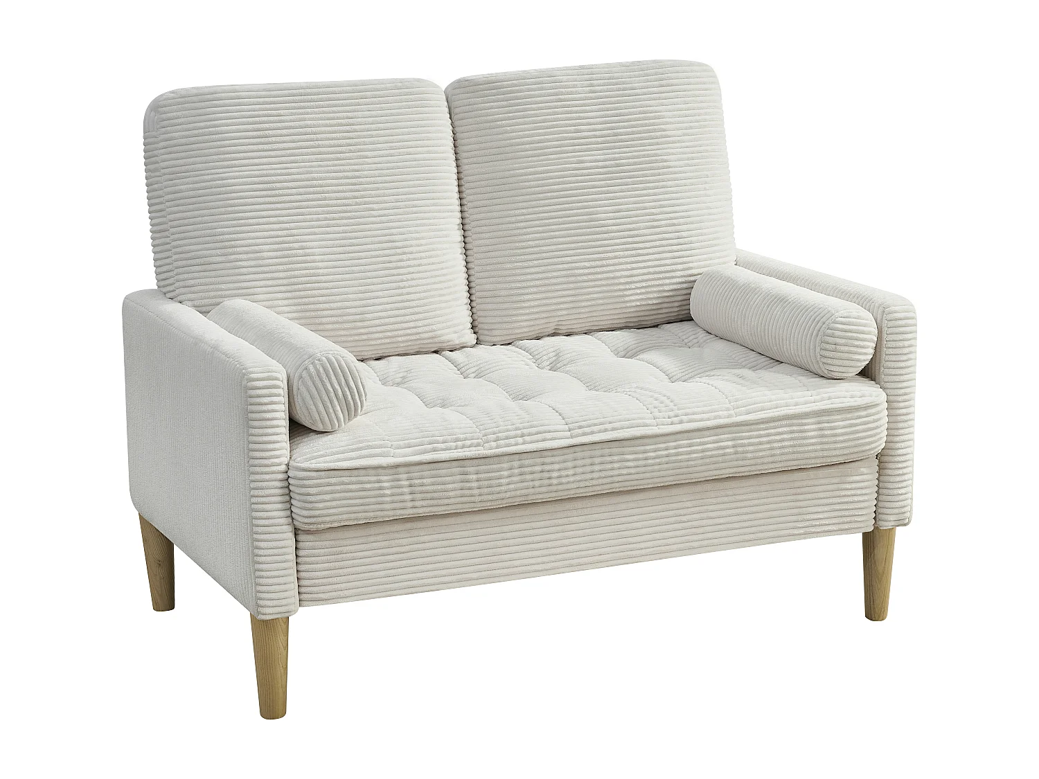 Canapé 2 places petite 121 cm en velours côtelé beige - Pieds en bois