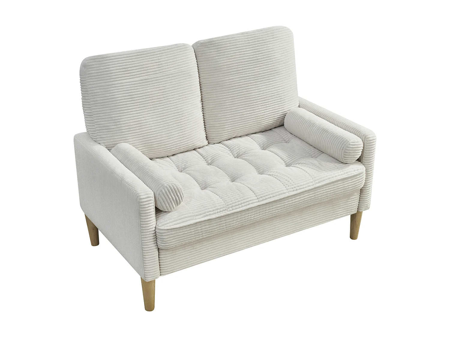 Canapé 2 places petite 121 cm en velours côtelé beige - Pieds en bois