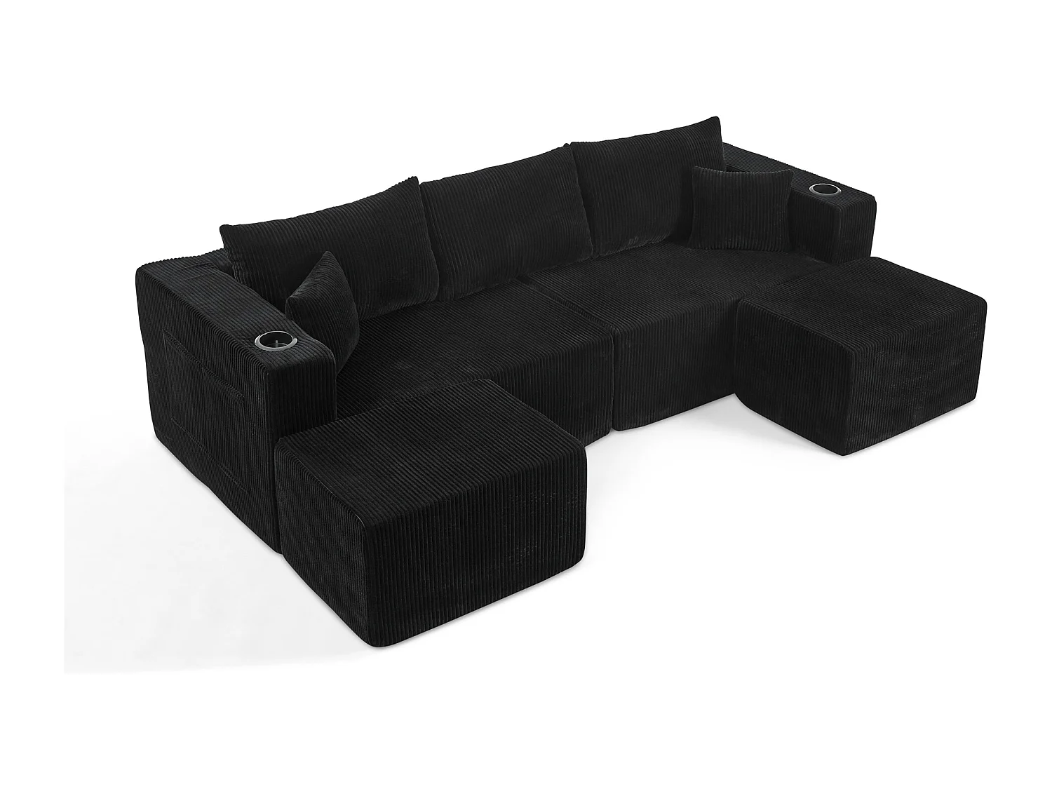 Canapé d'angle 3 places avec pouf en velours côtelé noir