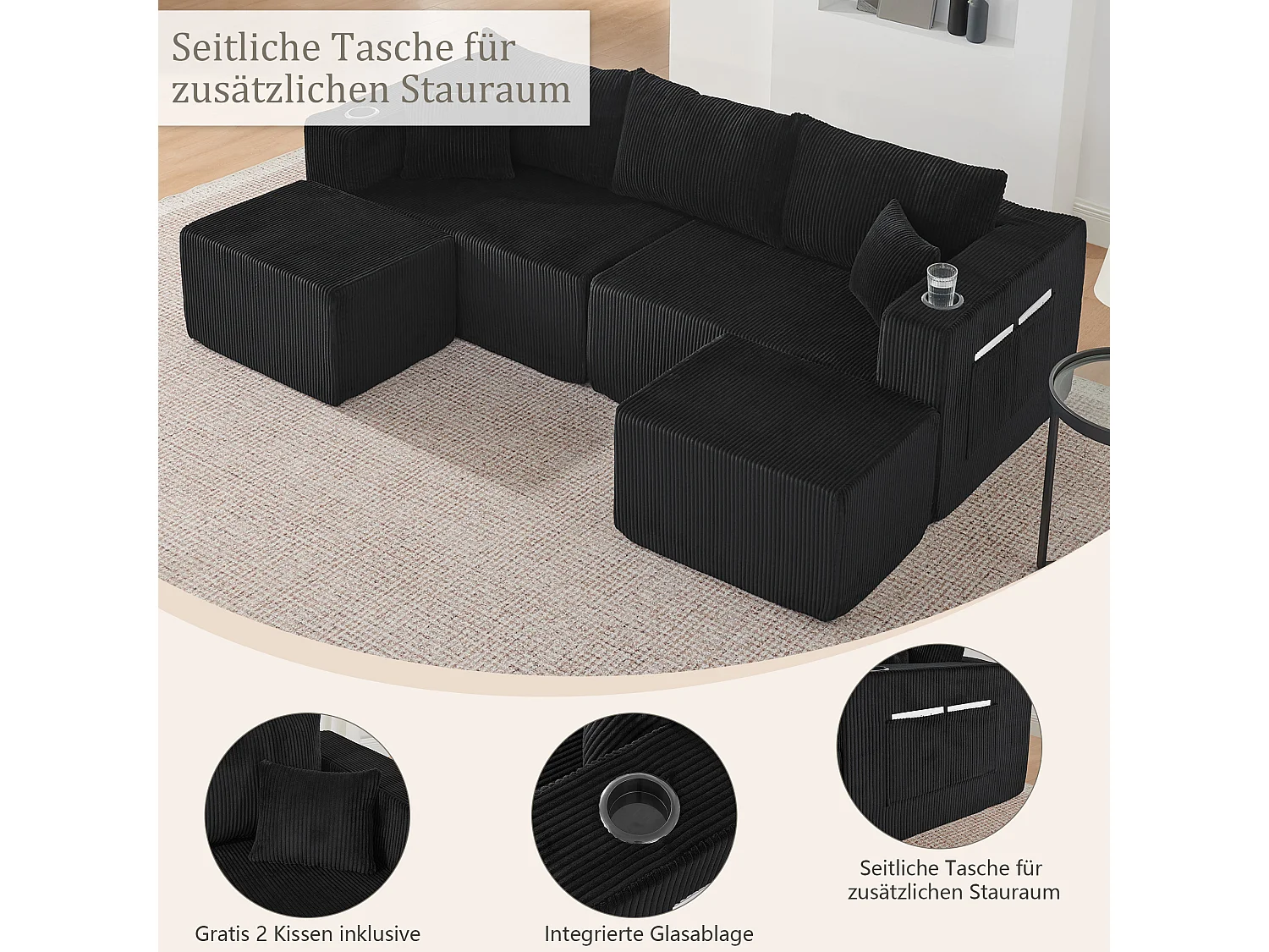Canapé d'angle 3 places avec pouf en velours côtelé noir