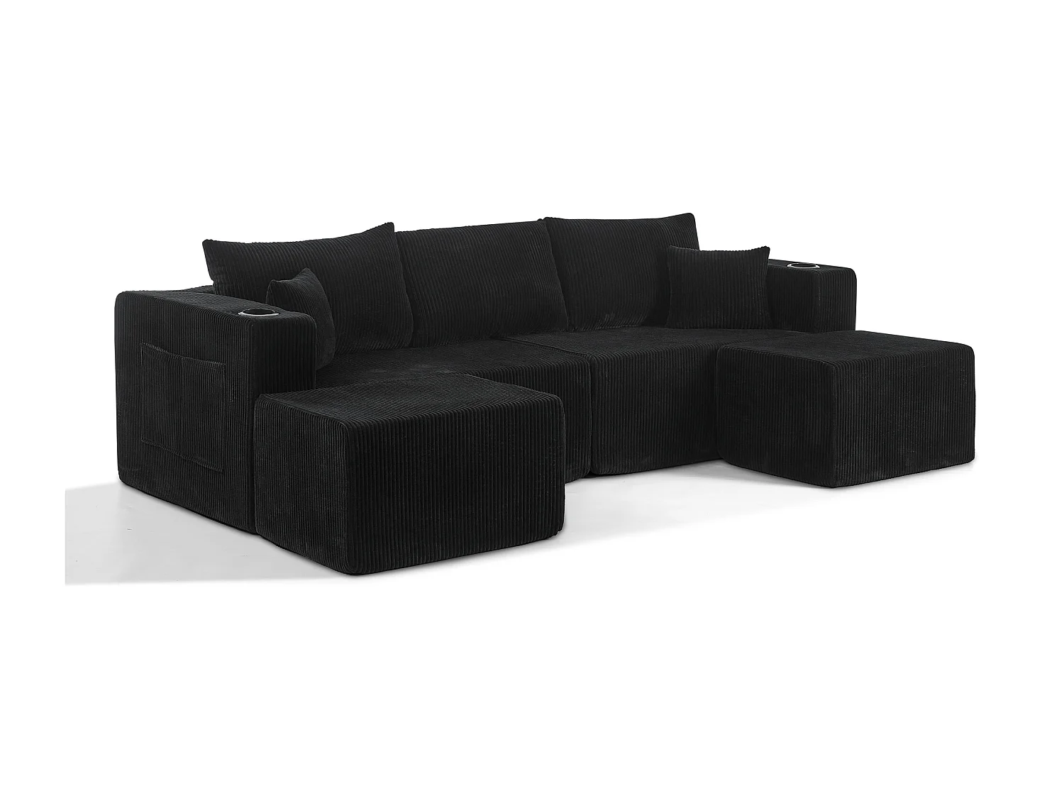 Canapé d'angle 3 places avec pouf en velours côtelé noir