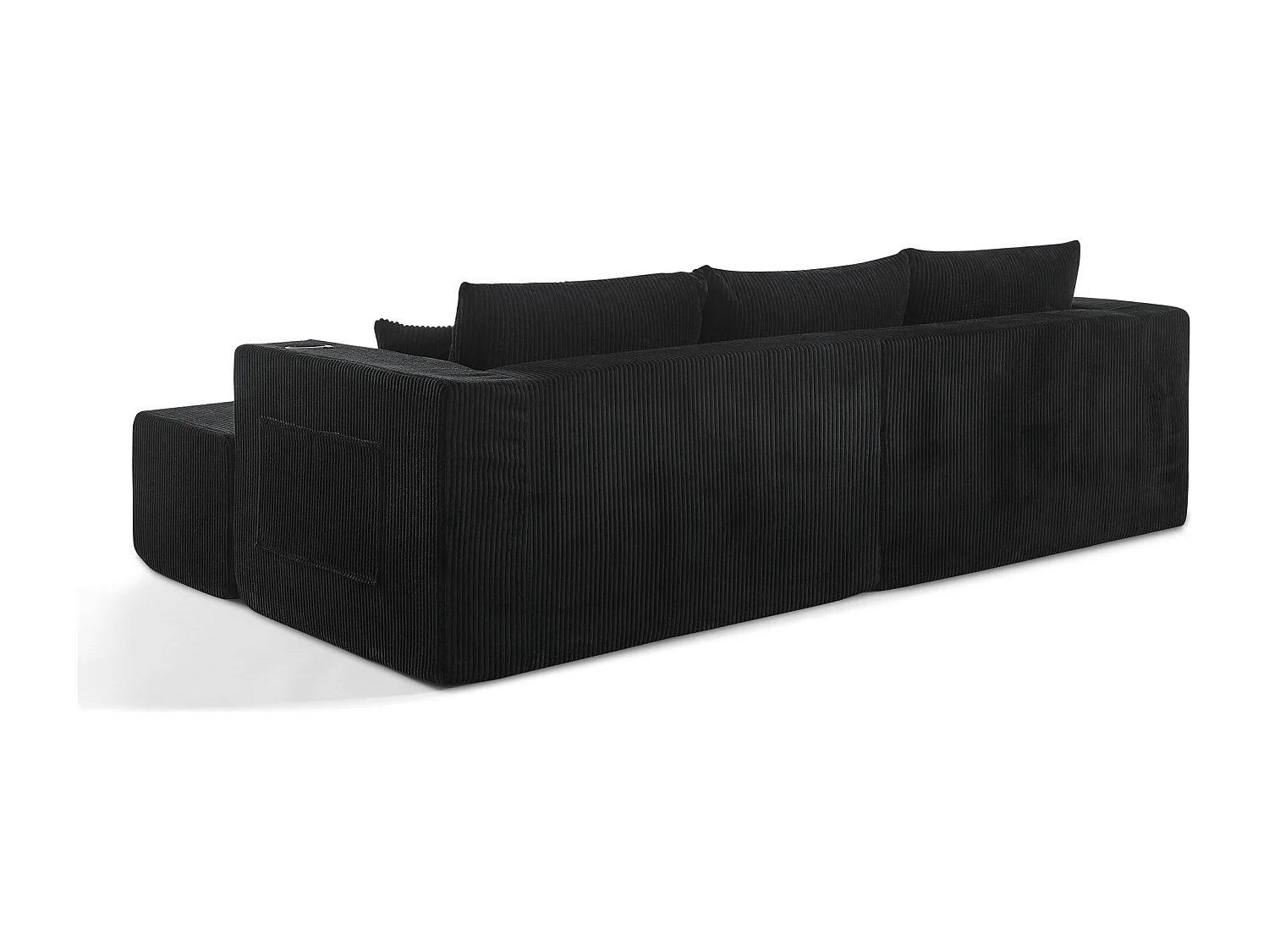 Canapé d'angle 3 places avec pouf en velours côtelé noir