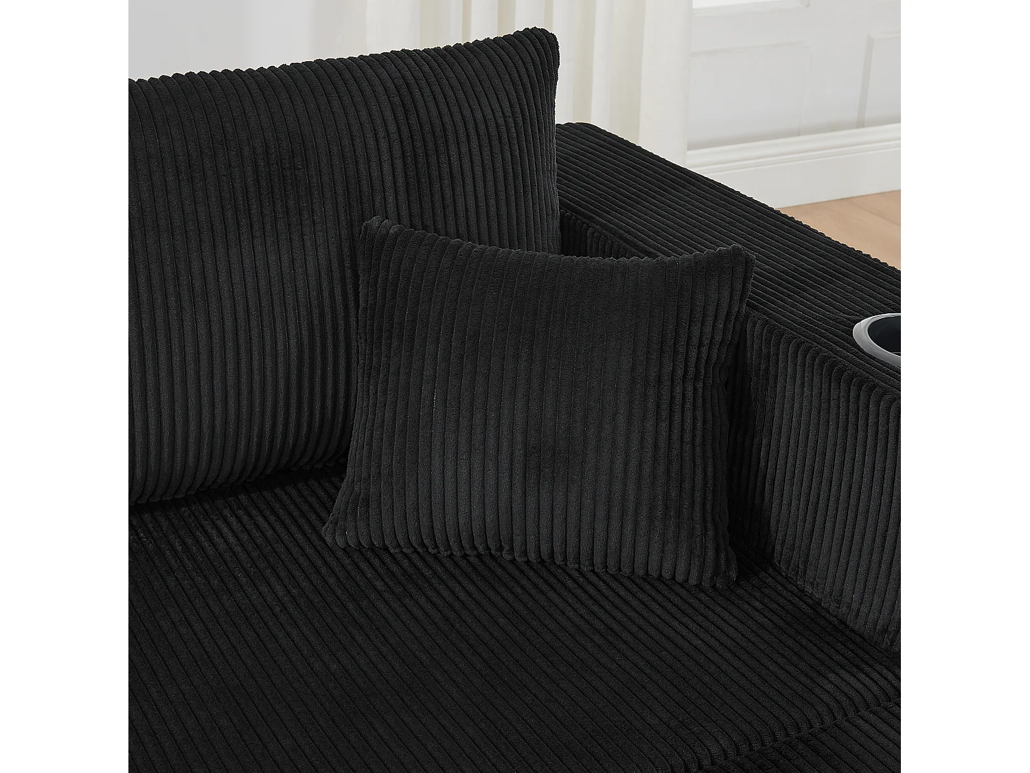 Canapé d'angle 3 places avec pouf en velours côtelé noir