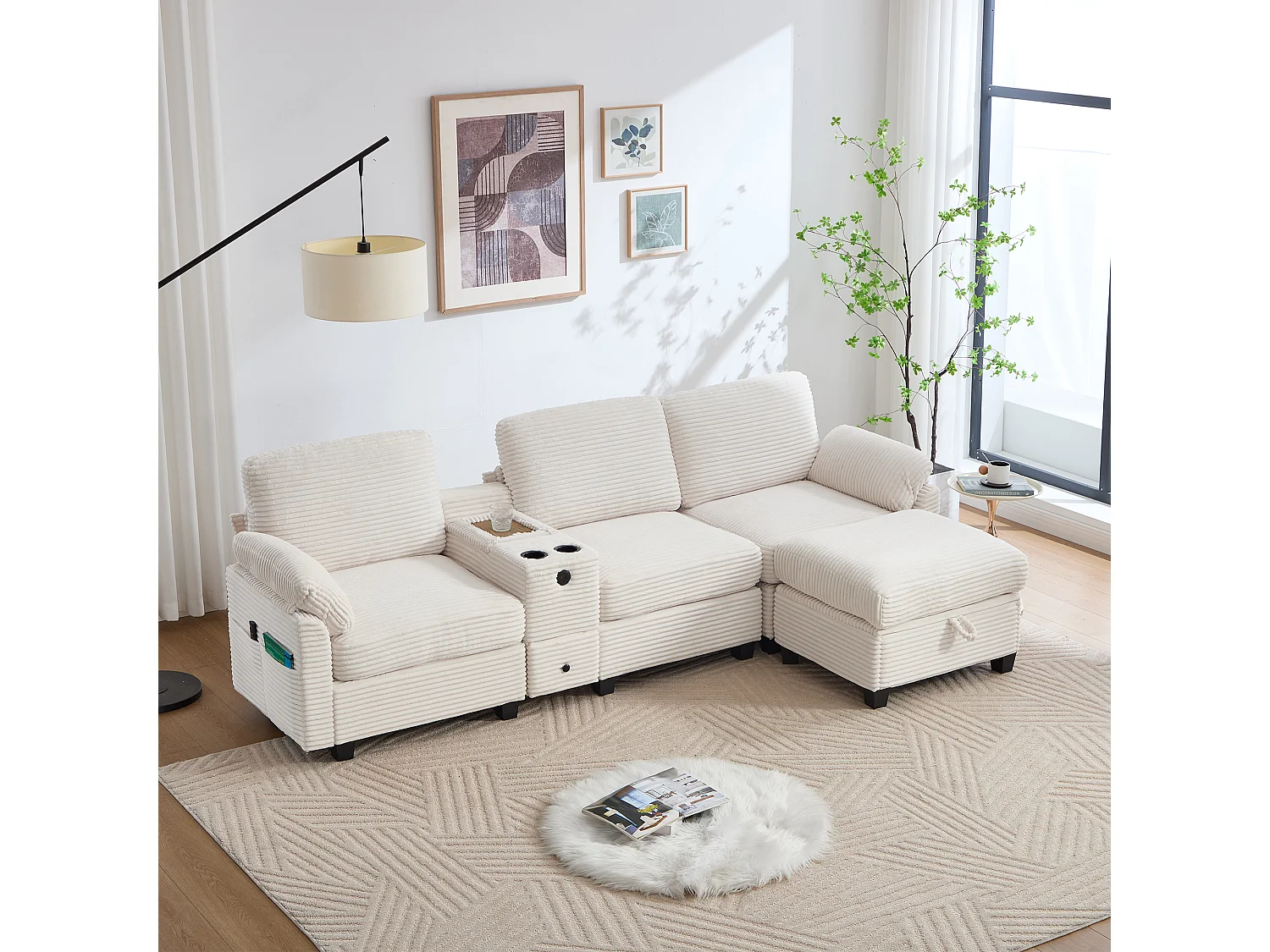 Canapé 3 places en velours côtelé avec ports USB, pouf et rangement - Beige