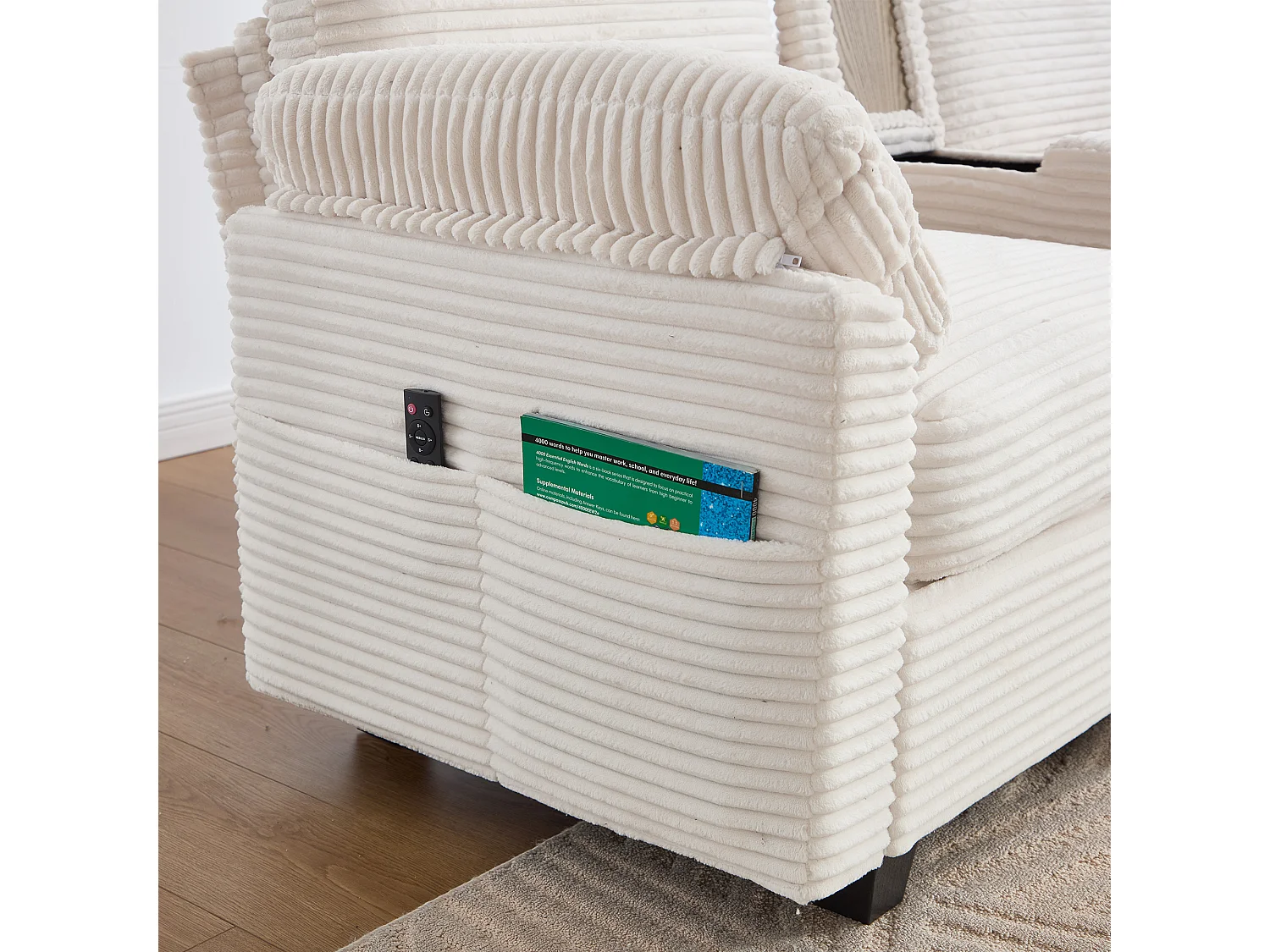 Canapé 3 places en velours côtelé avec ports USB, pouf et rangement - Beige