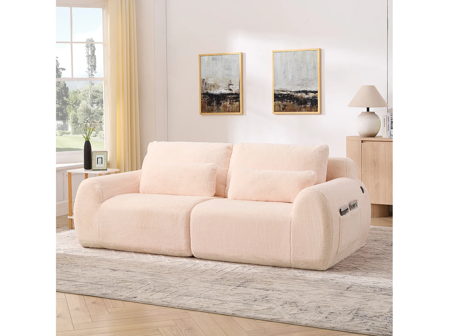 Canapé 2 places avec ports USB et poche latérale - Tissu rose, sans montage