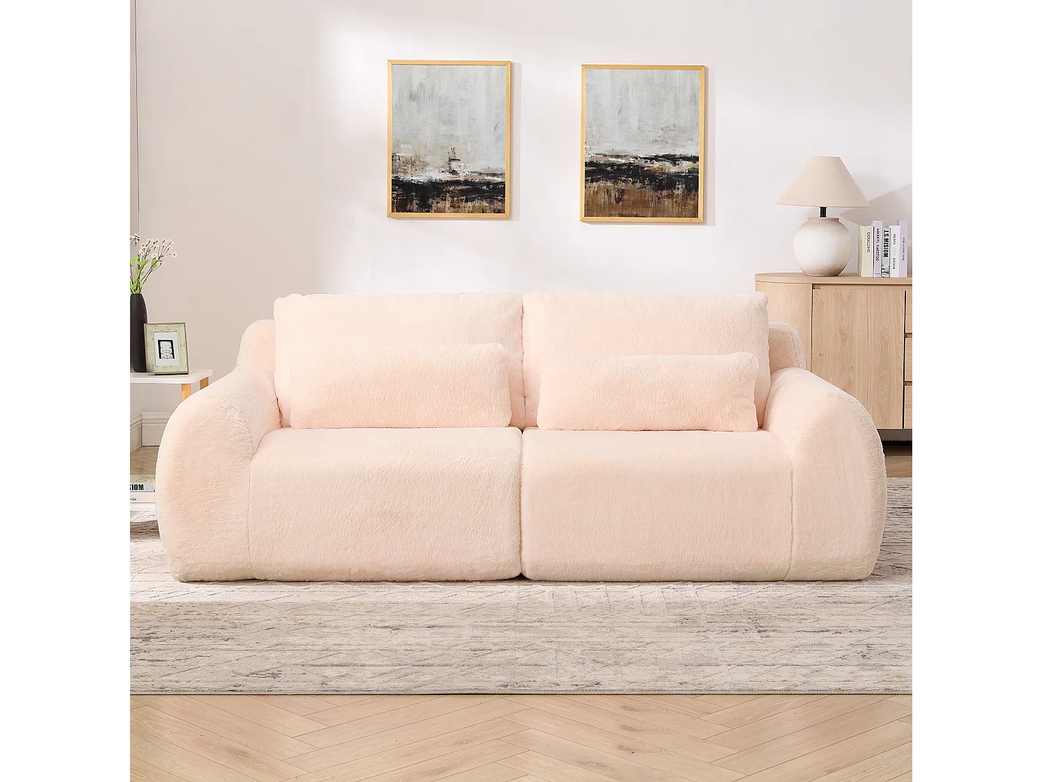 Canapé 2 places avec ports USB et poche latérale - Tissu rose, sans montage