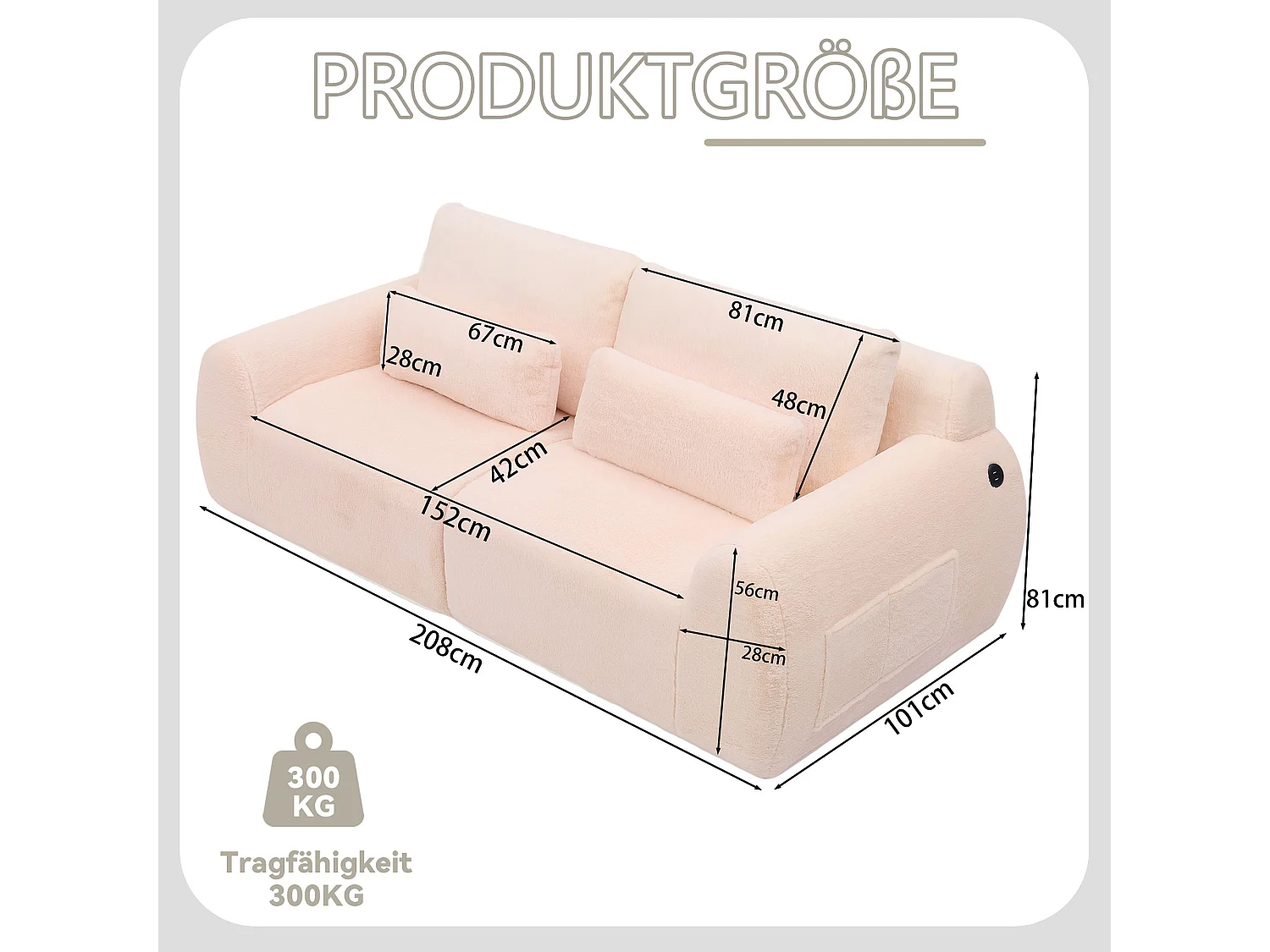 Canapé 2 places avec ports USB et poche latérale - Tissu rose, sans montage