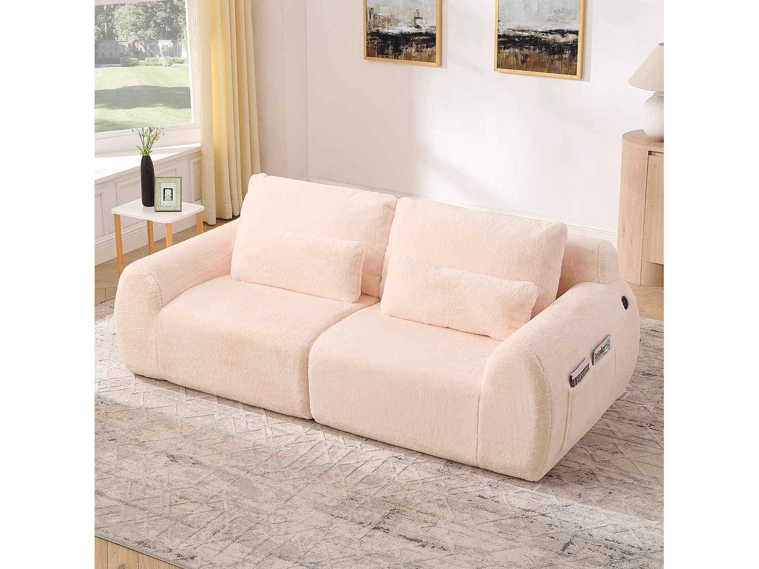 Canapé 2 places avec ports USB et poche latérale - Tissu rose, sans montage