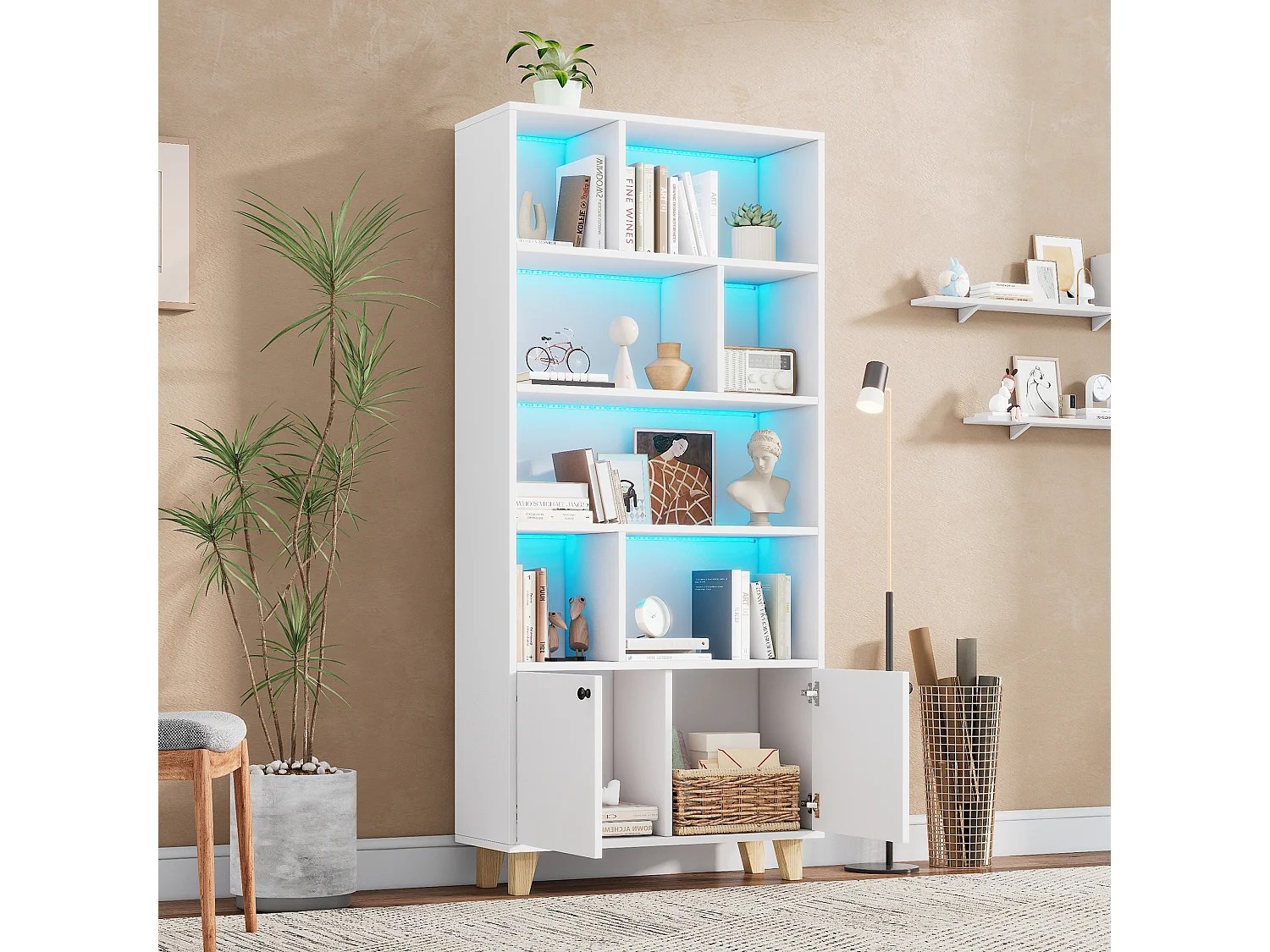 Bibliothèque 80 x 30 x 173 cm avec étagères, 2 portes et LED - Blanc