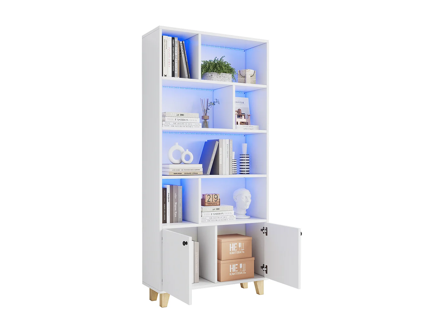 Bibliothèque 80 x 30 x 173 cm avec étagères, 2 portes et LED - Blanc