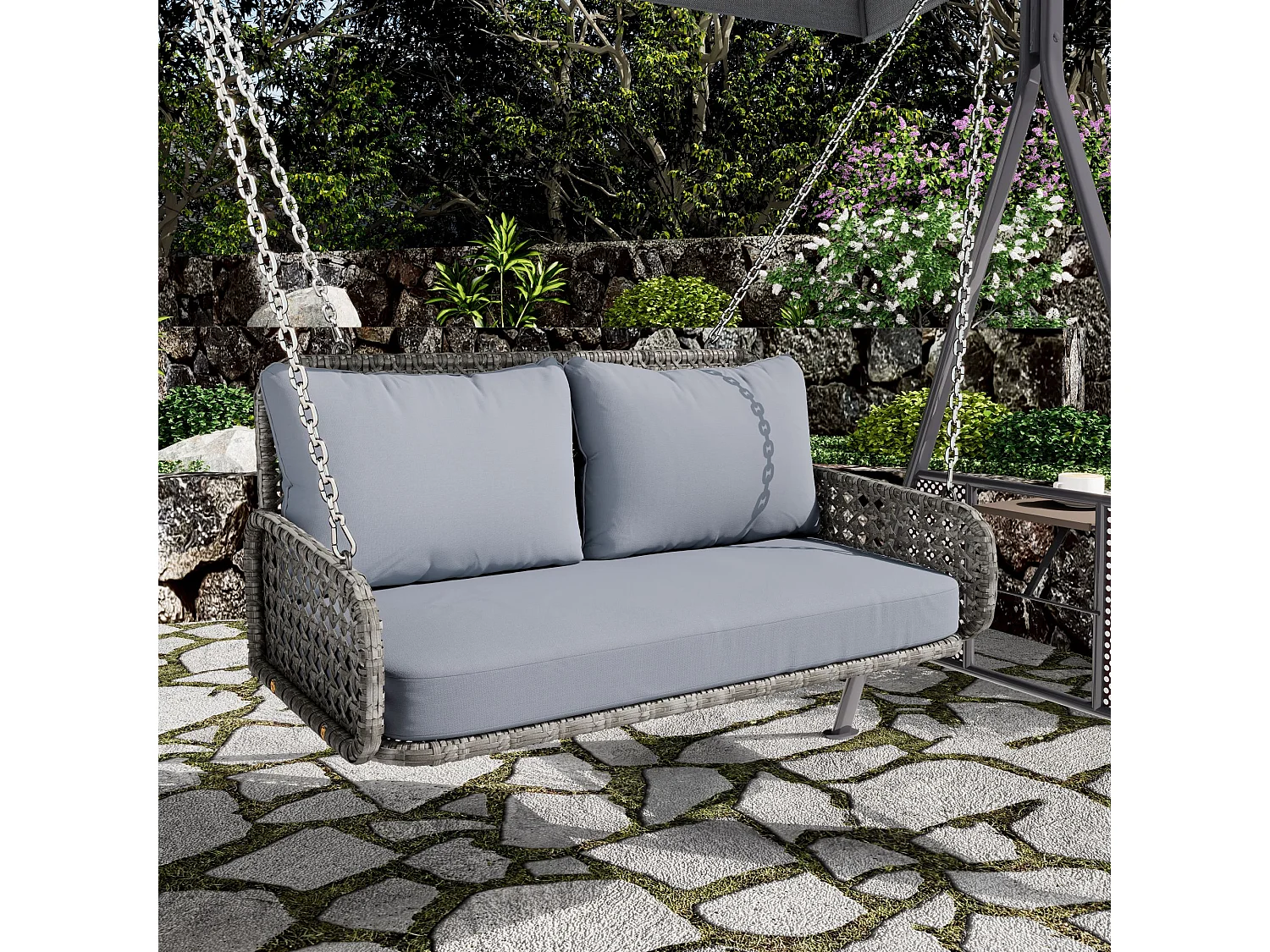 Balancelle de jardin 2 place en rotin PE avec coussins et 2 chaînes 240 cm - Gris