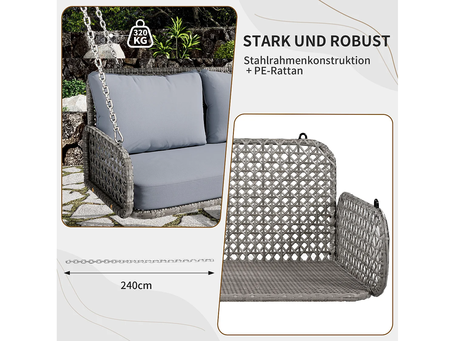 Balancelle de jardin 2 place en rotin PE avec coussins et 2 chaînes 240 cm - Gris