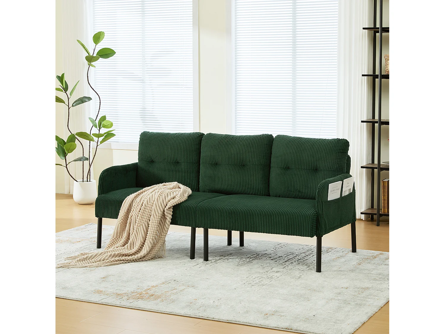 Canapé 3 places en velours côtelé vert émeraude - Pieds en métal