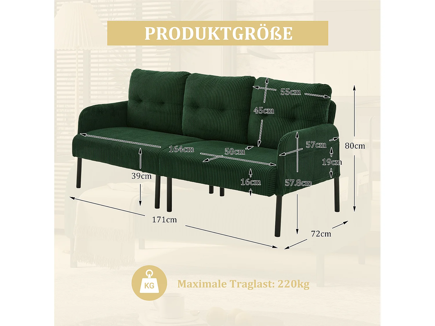 Canapé 3 places en velours côtelé vert émeraude - Pieds en métal