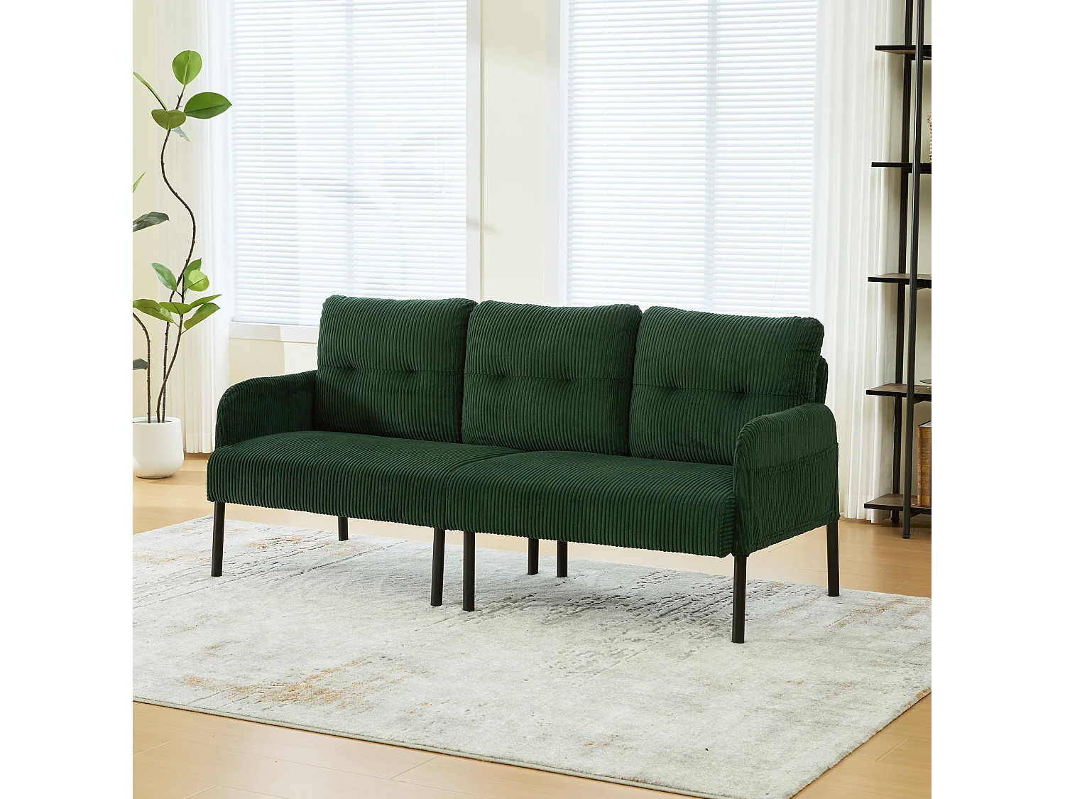 Canapé 3 places en velours côtelé vert émeraude - Pieds en métal