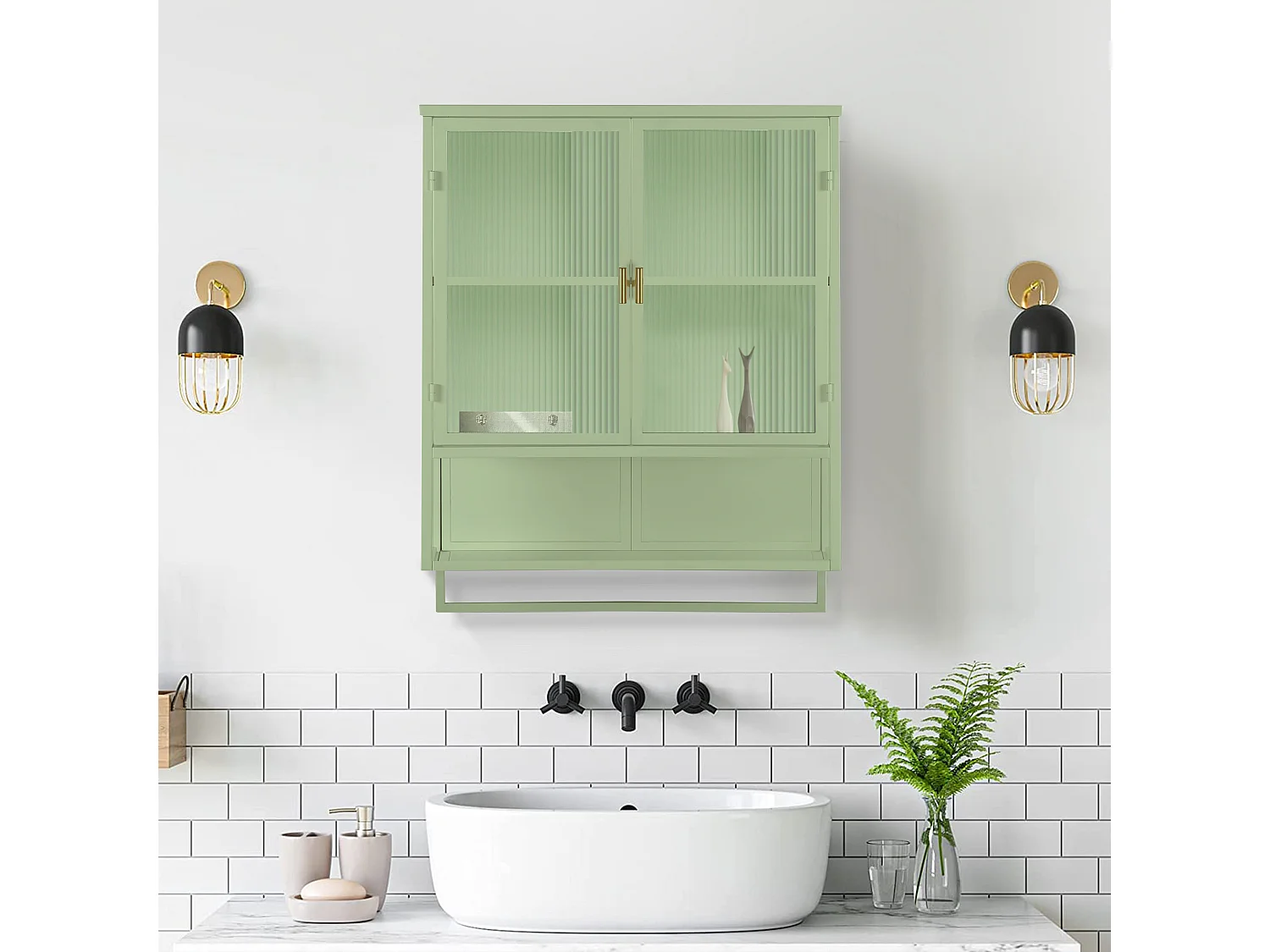 Armoire murale avec 2 portes vitrées et étagère , porte‑serviette - Blanc