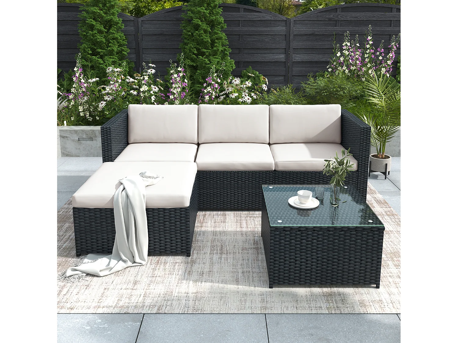 Conjunto de muebles de jardín de ratán sintético: 1 sofá de tres plazas + 1 otomana + 1 mesa de centro - Negro