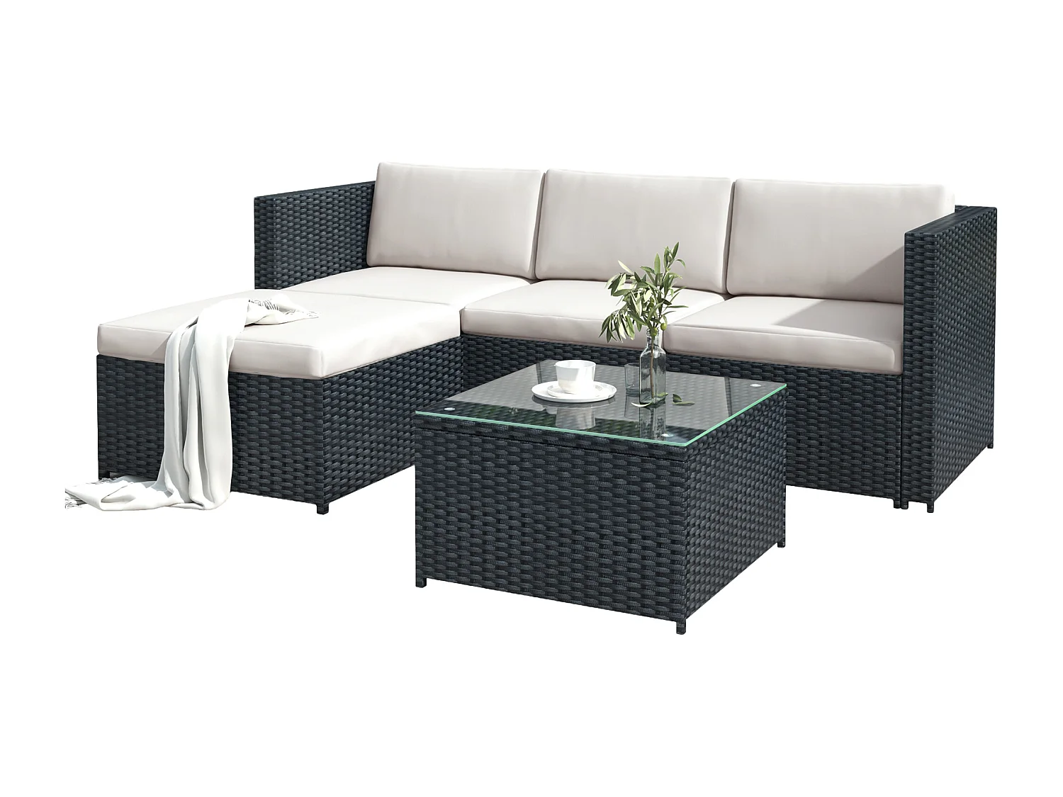 Conjunto de muebles de jardín de ratán sintético: 1 sofá de tres plazas + 1 otomana + 1 mesa de centro - Negro