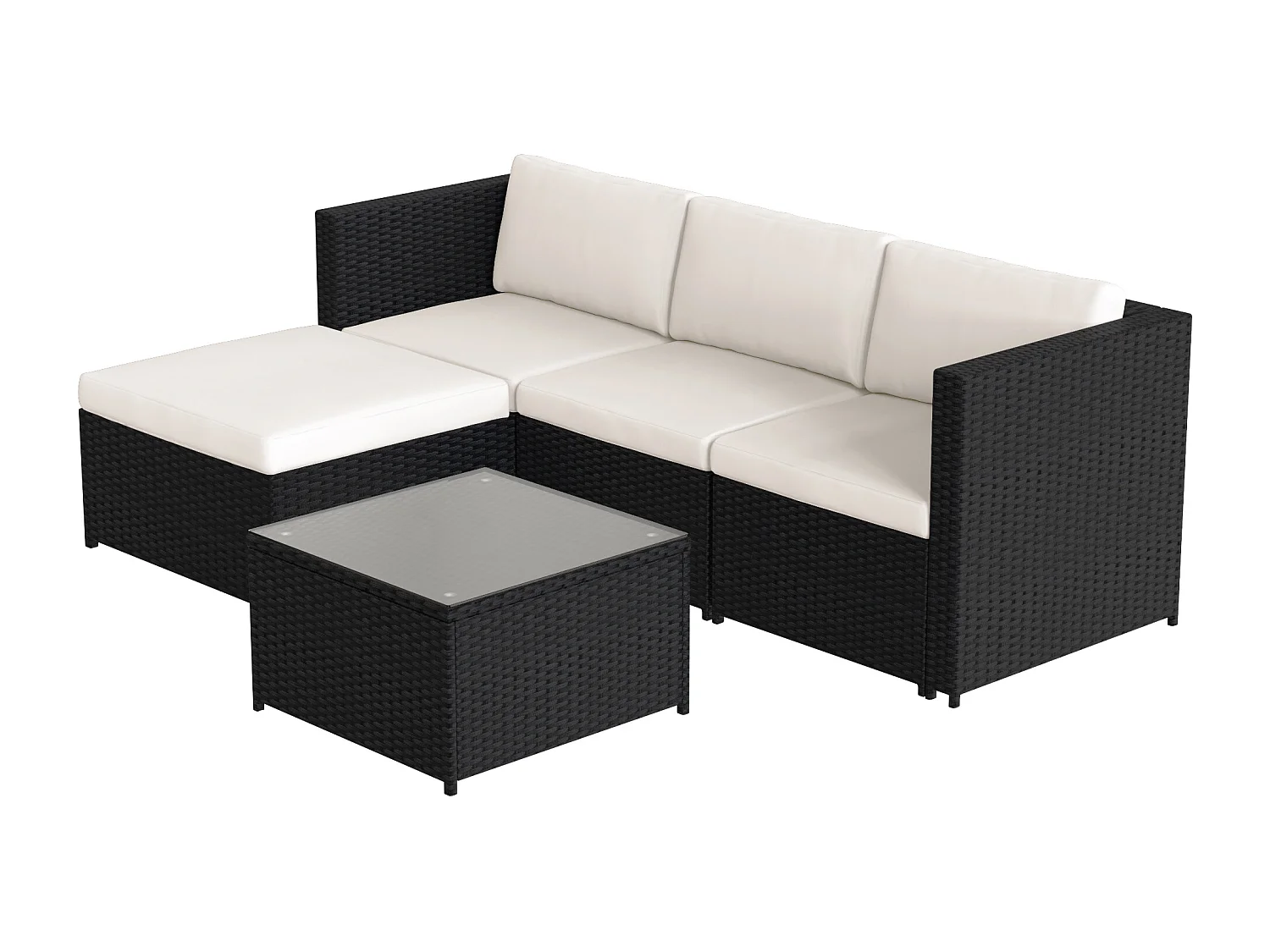 Conjunto de muebles de jardín de ratán sintético: 1 sofá de tres plazas + 1 otomana + 1 mesa de centro - Negro