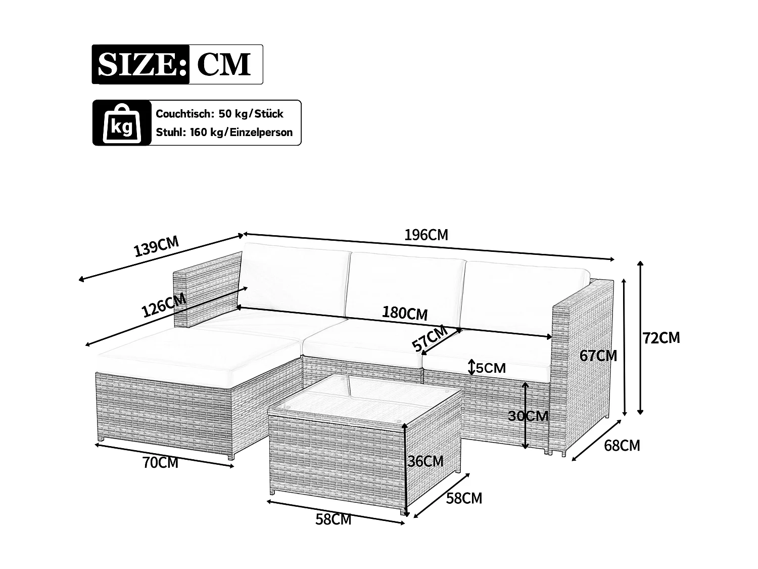 Conjunto de muebles de jardín de ratán sintético: 1 sofá de tres plazas + 1 otomana + 1 mesa de centro - Negro