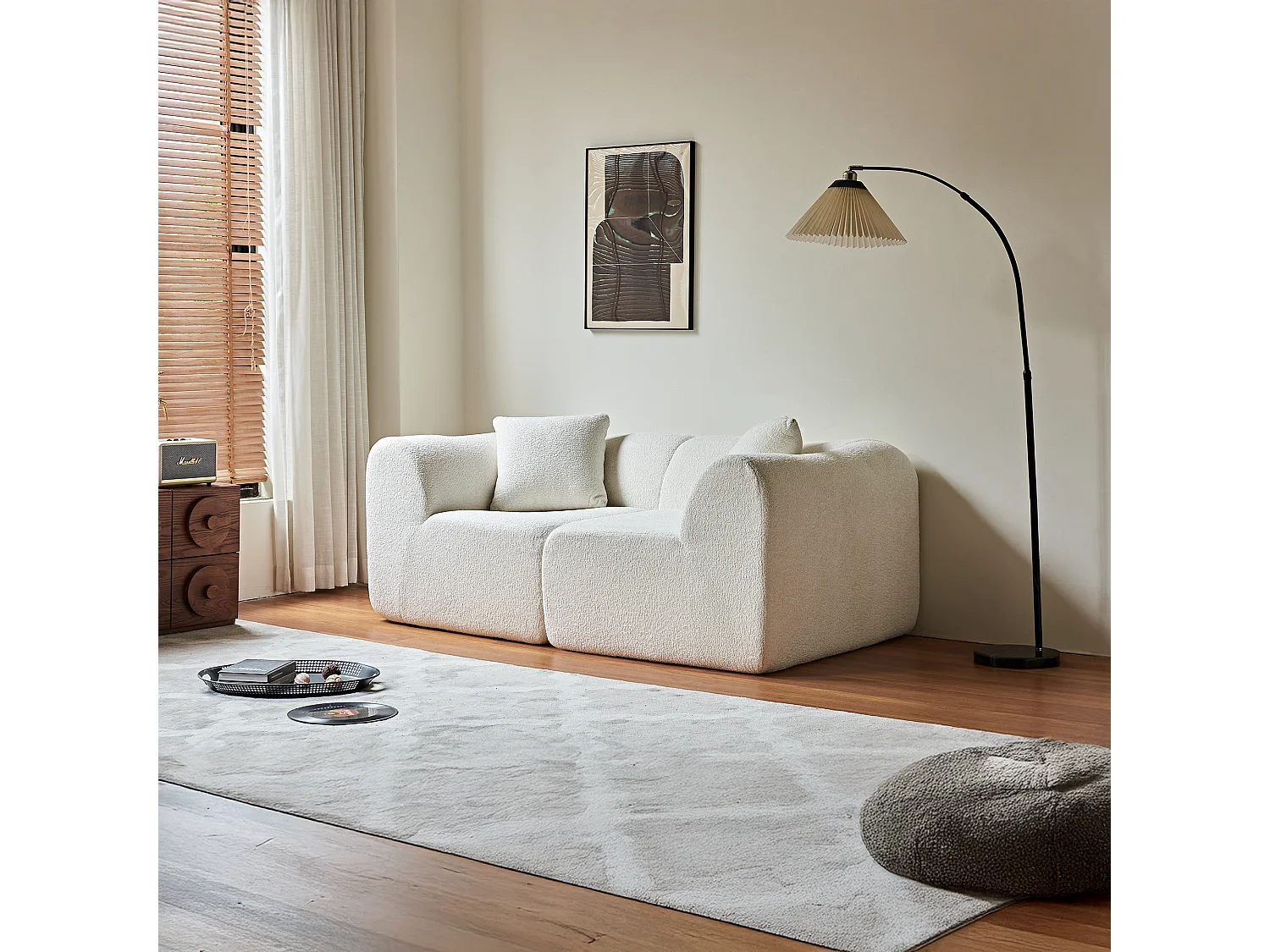 Canapé 2 places velours beige avec coussins - Pour salon, bureau ou l'appartement