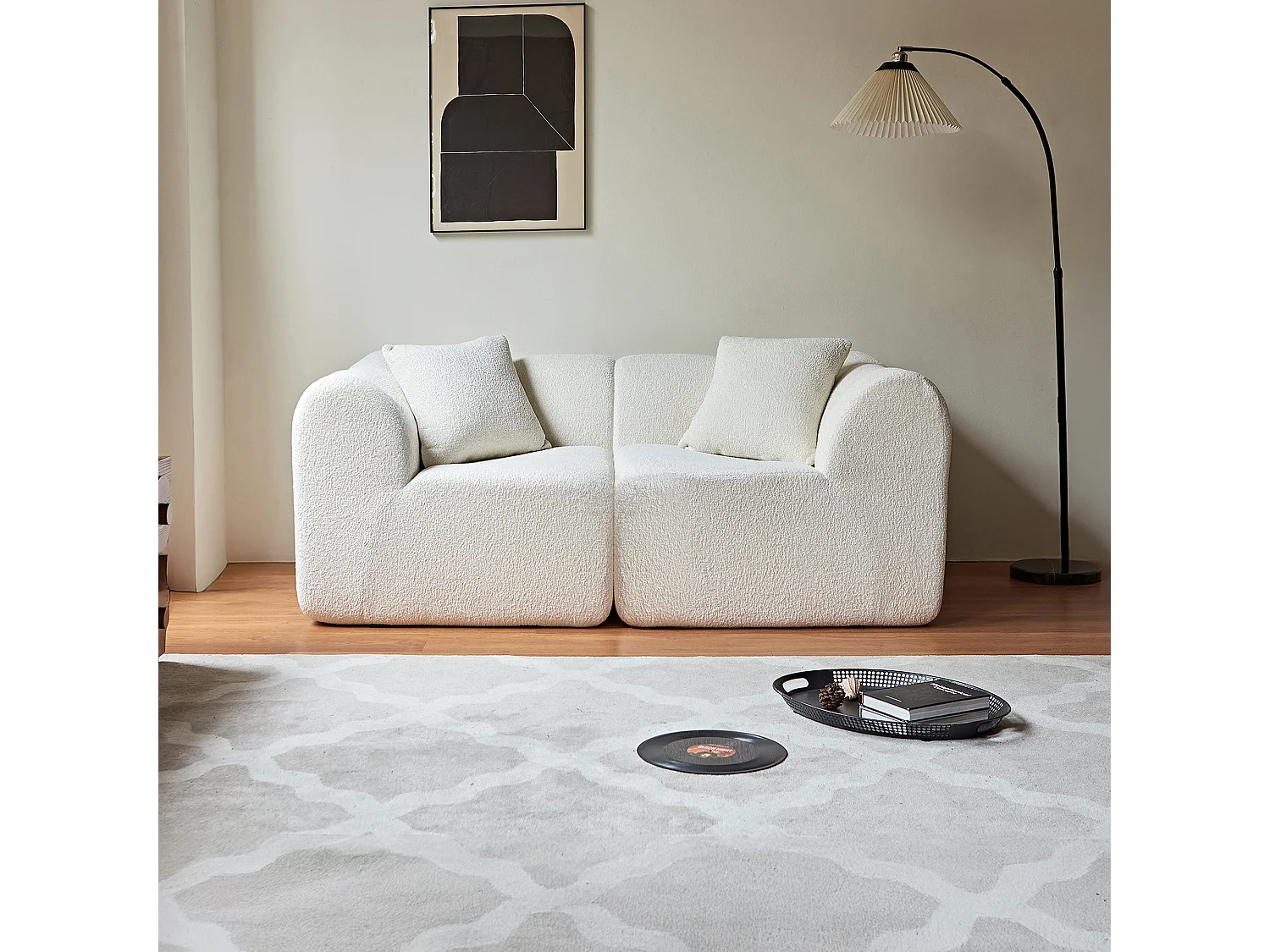 Canapé 2 places velours beige avec coussins - Pour salon, bureau ou l'appartement