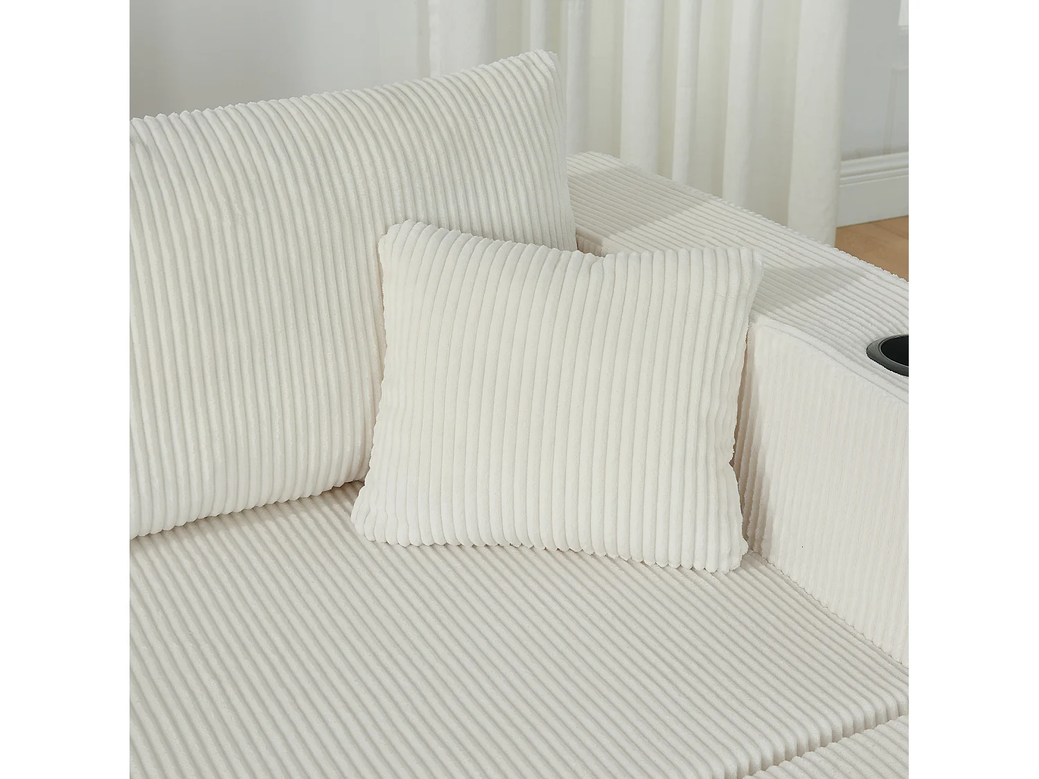 Canapé d'angle 3 places avec pouf en velours côtelé beige