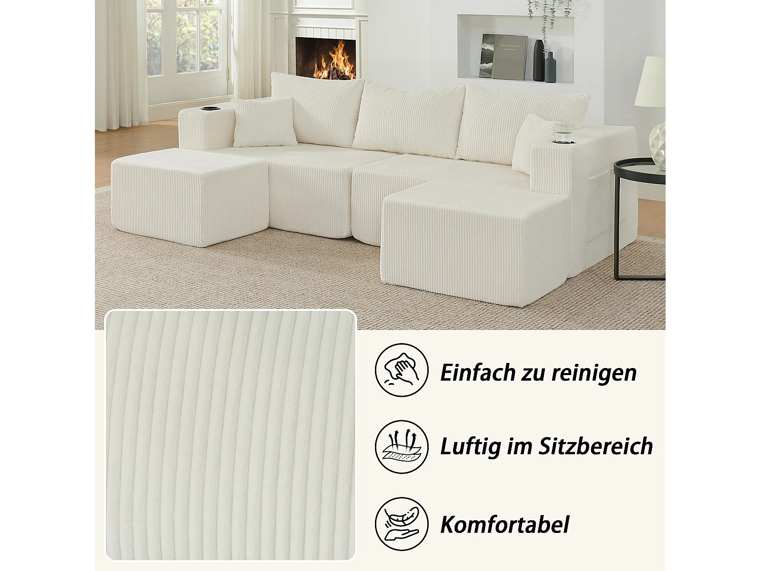 Canapé d'angle 3 places avec pouf en velours côtelé beige