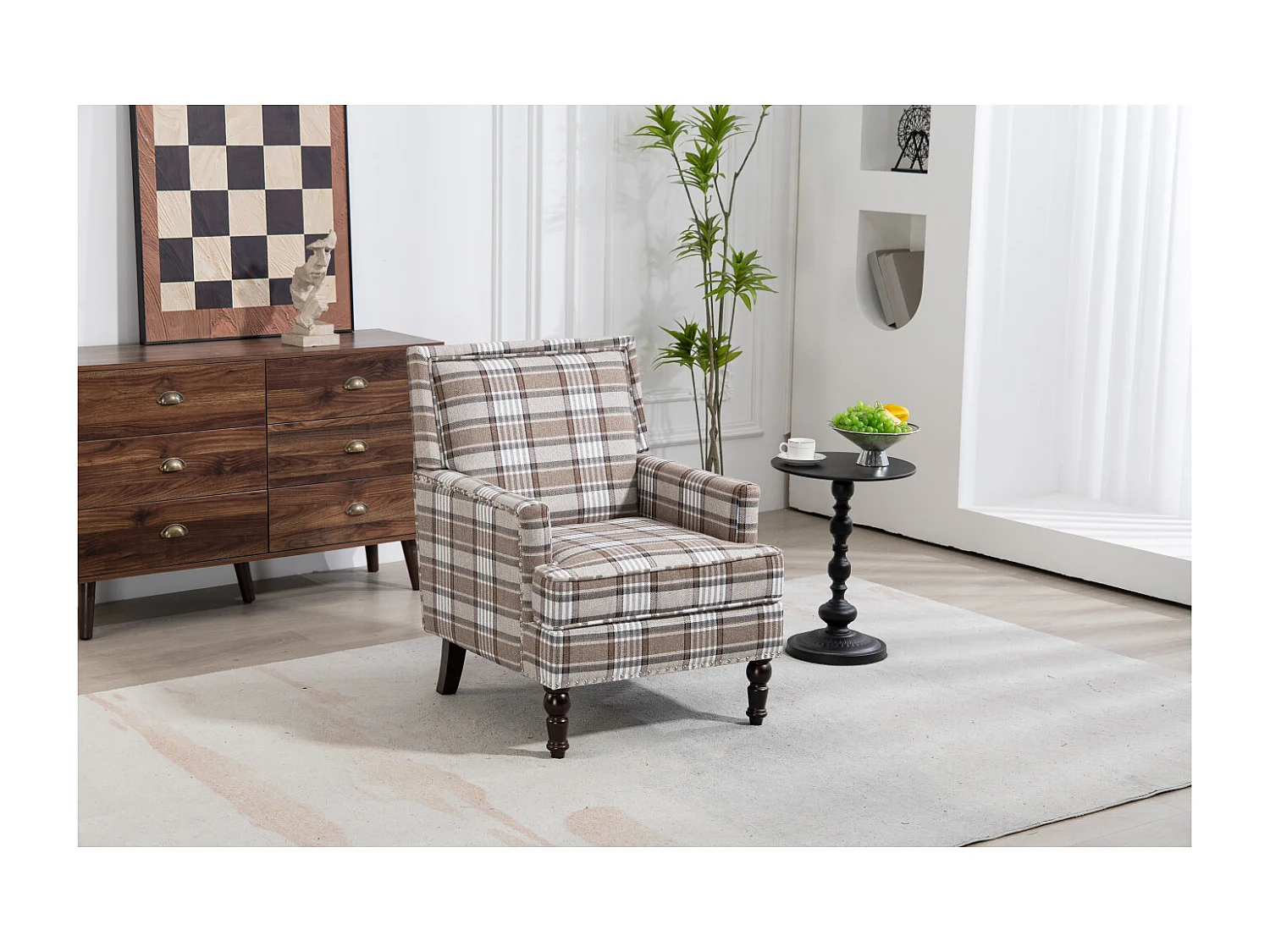 Fauteuil simple en coton et lin à rayures marron et blanc, pieds en bois